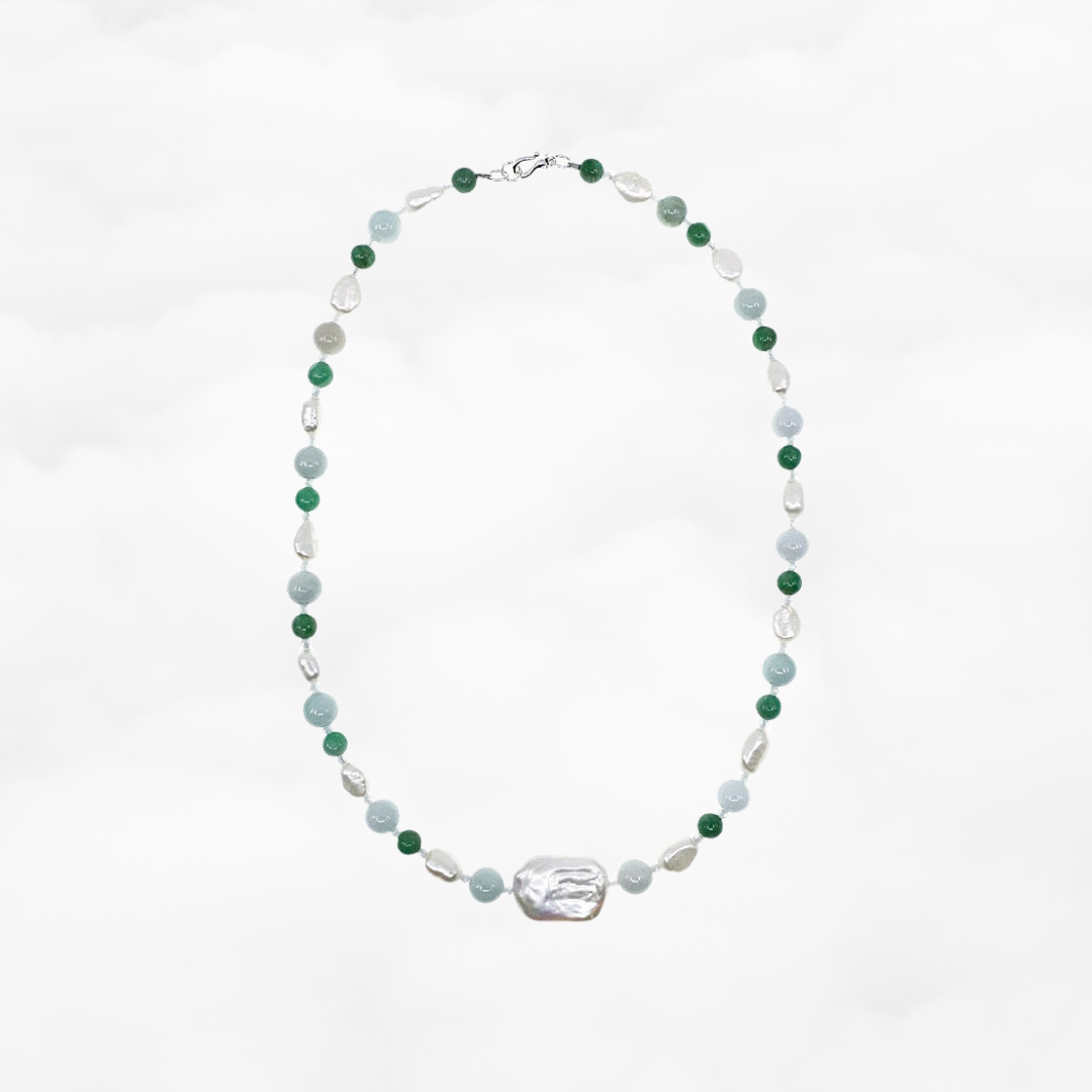 Baroque Pearl and Jadeite Necklace Silver - Yun Boutique