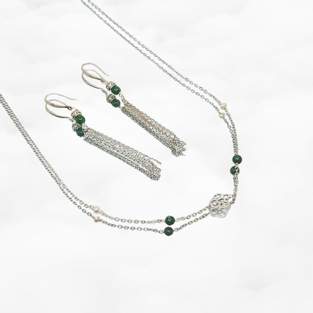 Elf Forest Long Necklace and Earrings Set Silver - Yun Boutique