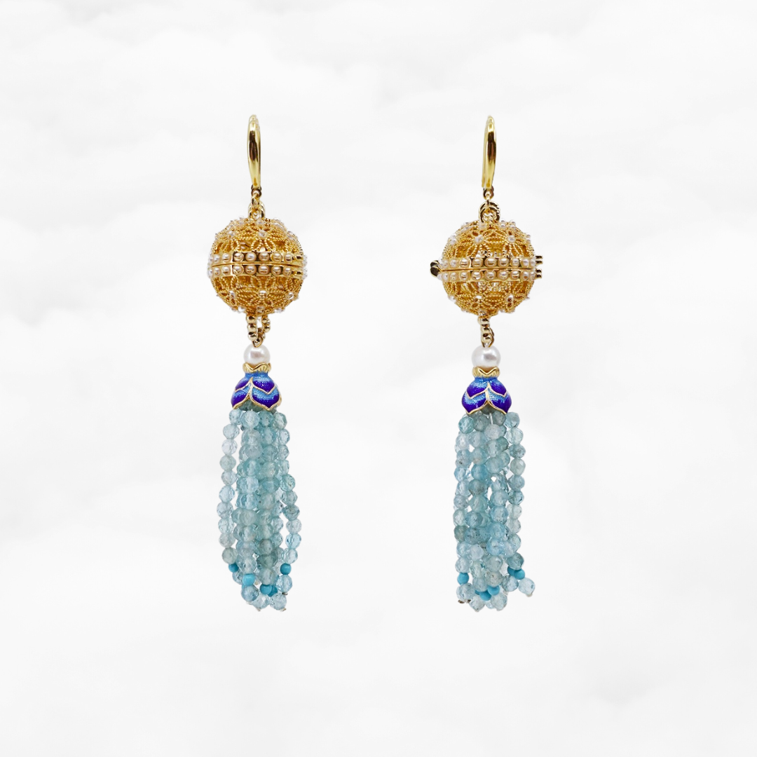 Herbal Locket Gemstone Tassel Earrings - Aquamarine