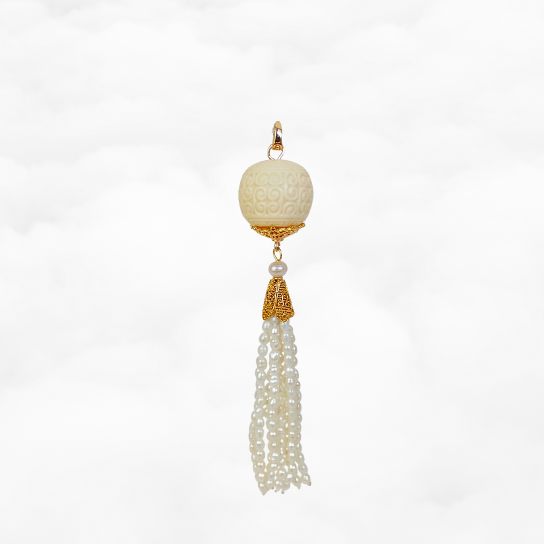 Auspicious Clouds Corozo Nuts Pearl Tassel Pendant - Yun Boutique