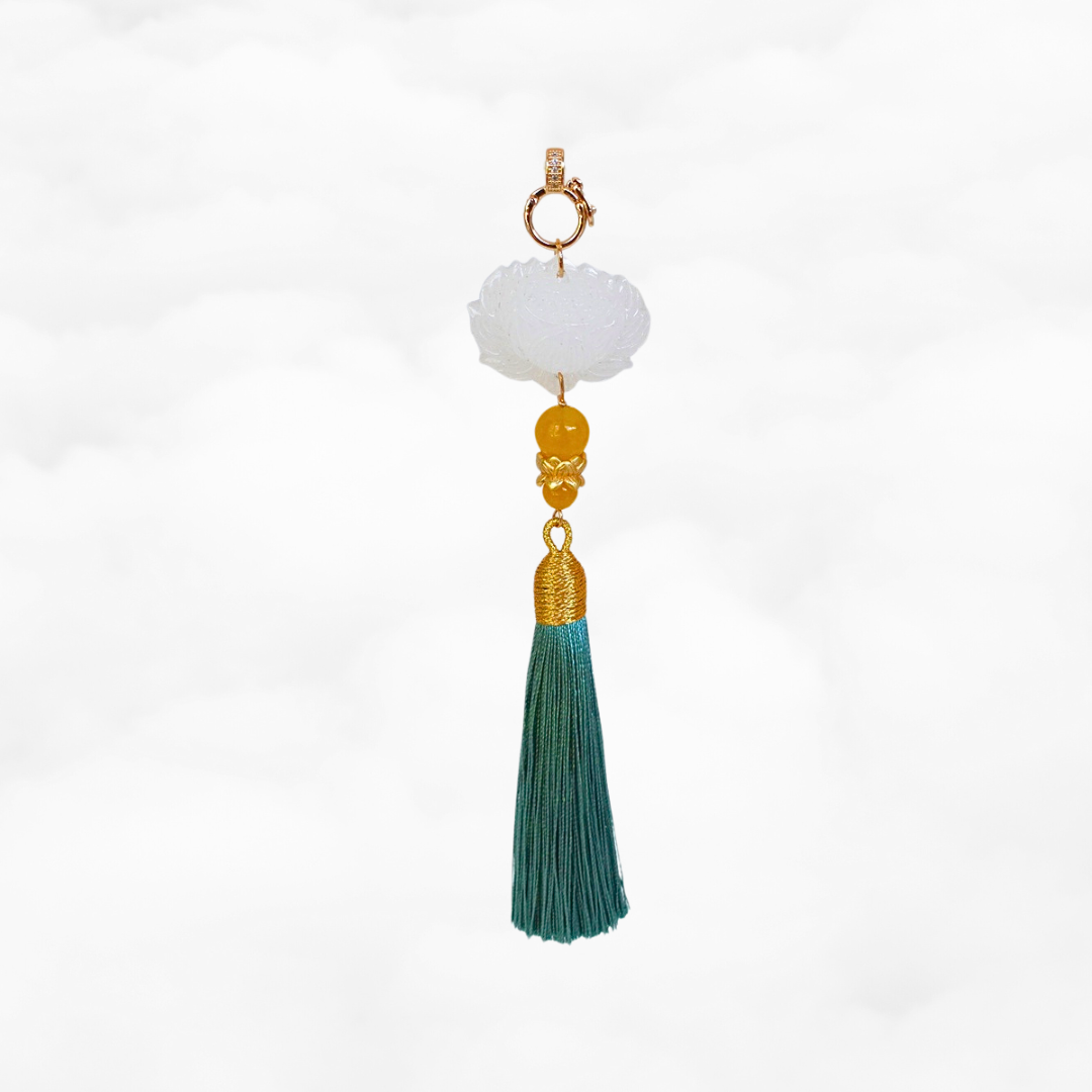 White Jade Lotus Tassel Pendant Green - Yun Boutique