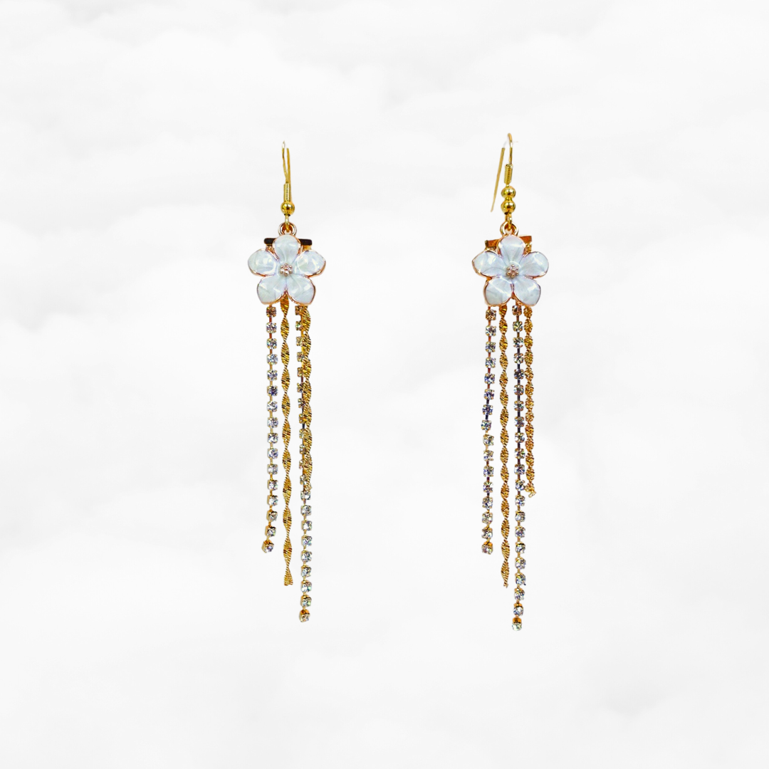 White Enamel Flower Tassel Earrings - Yun Boutique