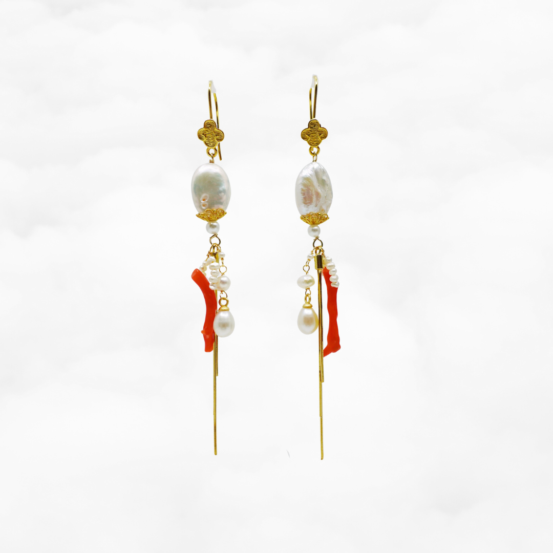 Dragon Princess Red Coral and Pearl Statement Earrings - Yun Boutique