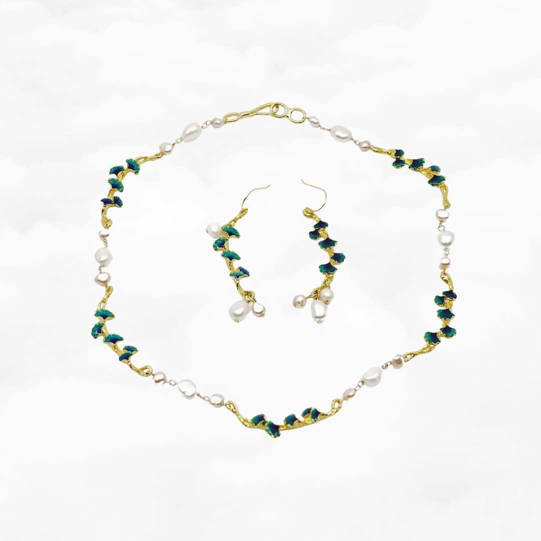 Gold Enamel Vine Pearl Necklace and Earring Set - Yun Boutique