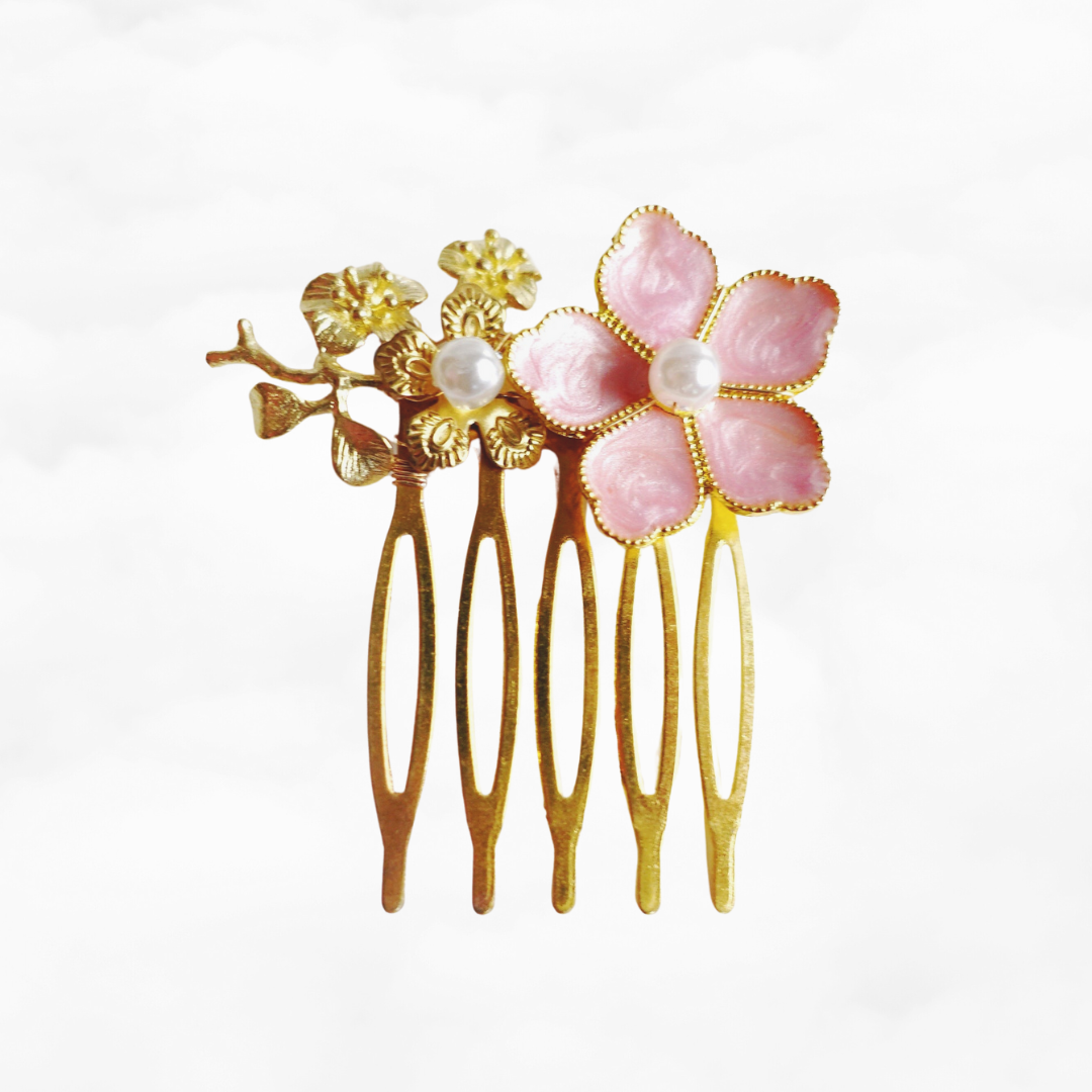 Coral Pink Enamel Flower and Pearl Hair Comb - Yun Boutique