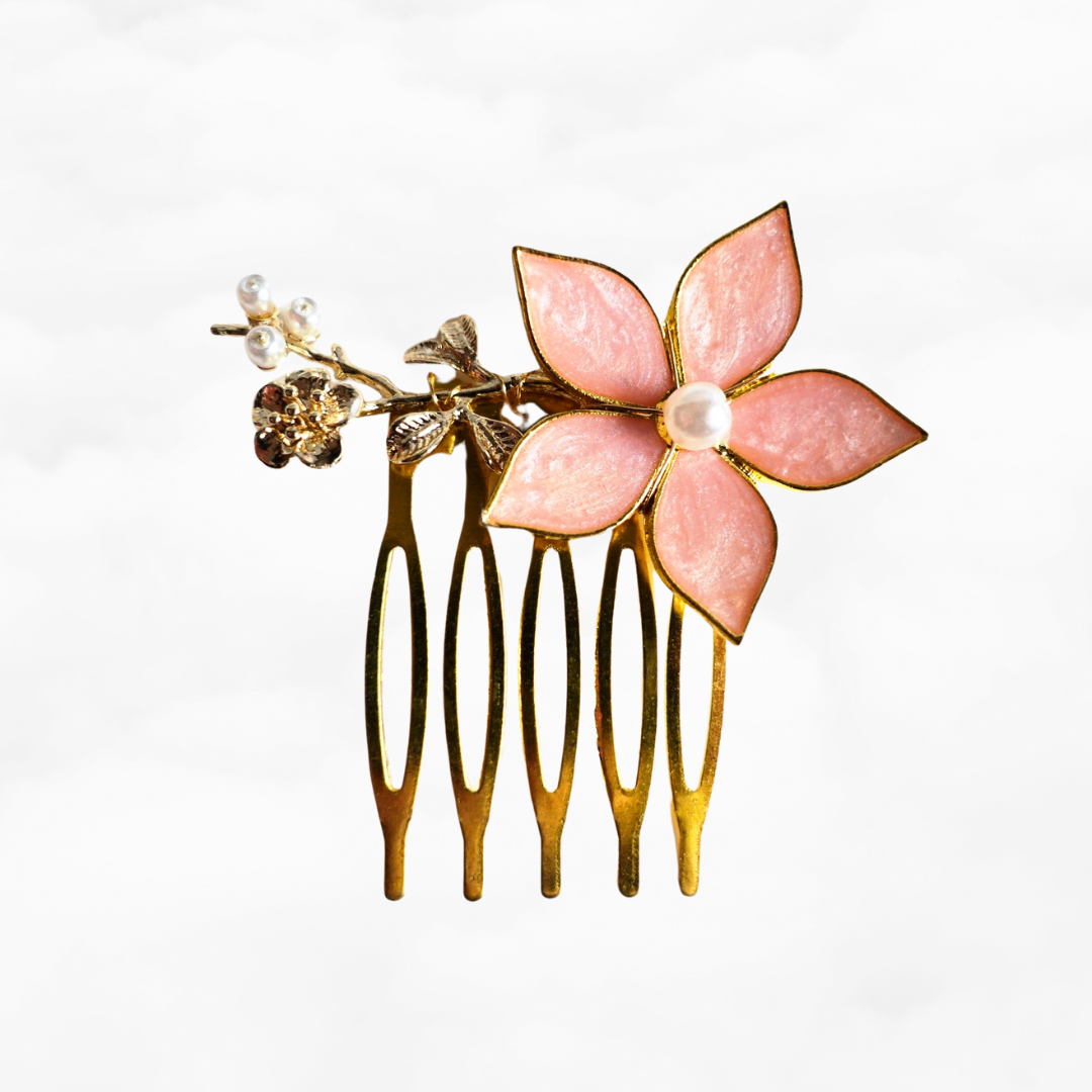 Coral Pink Enamel Flower and Pearl Hair Comb - Yun Boutique