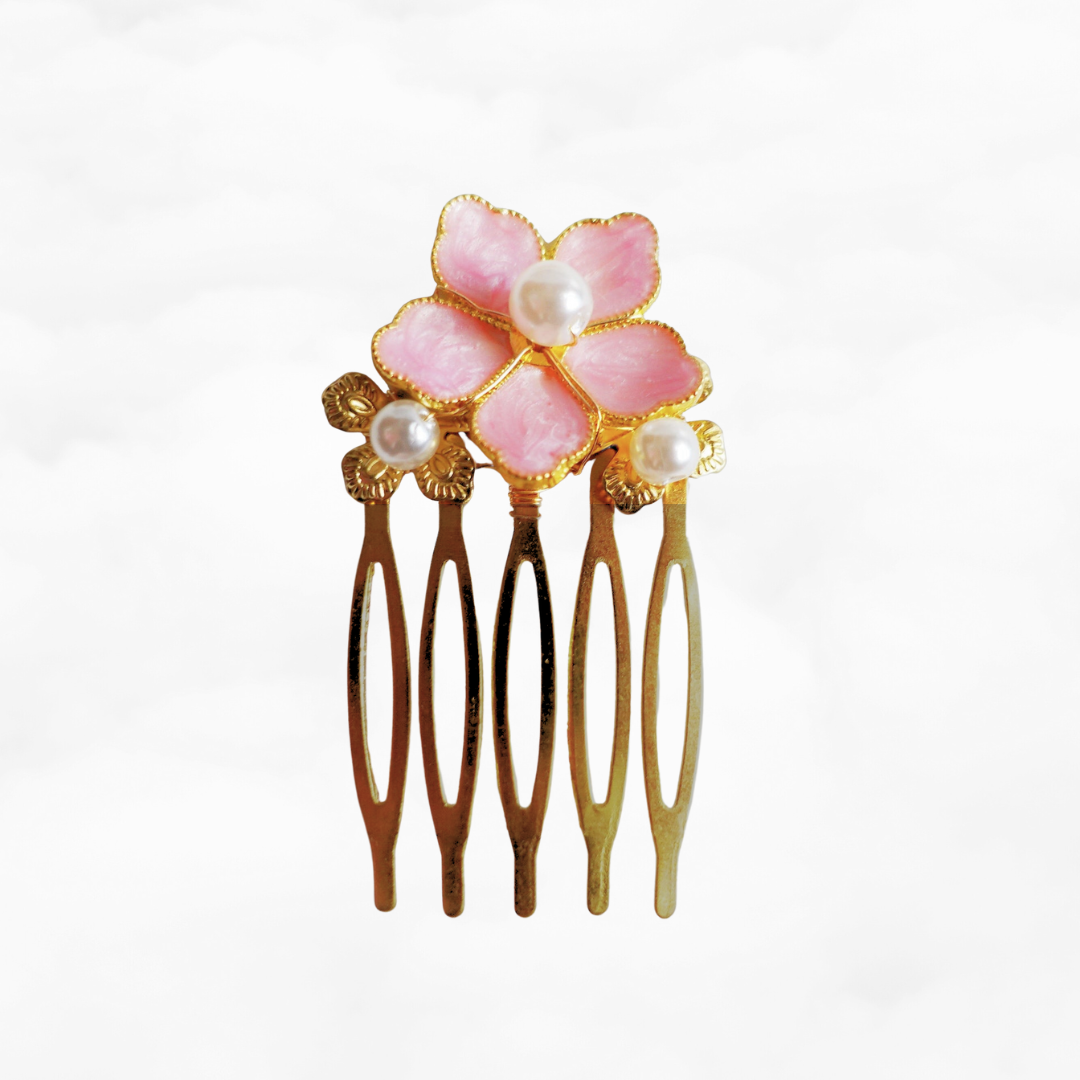 Coral Pink Enamel Flower and Pearl Hair Comb - Yun Boutique