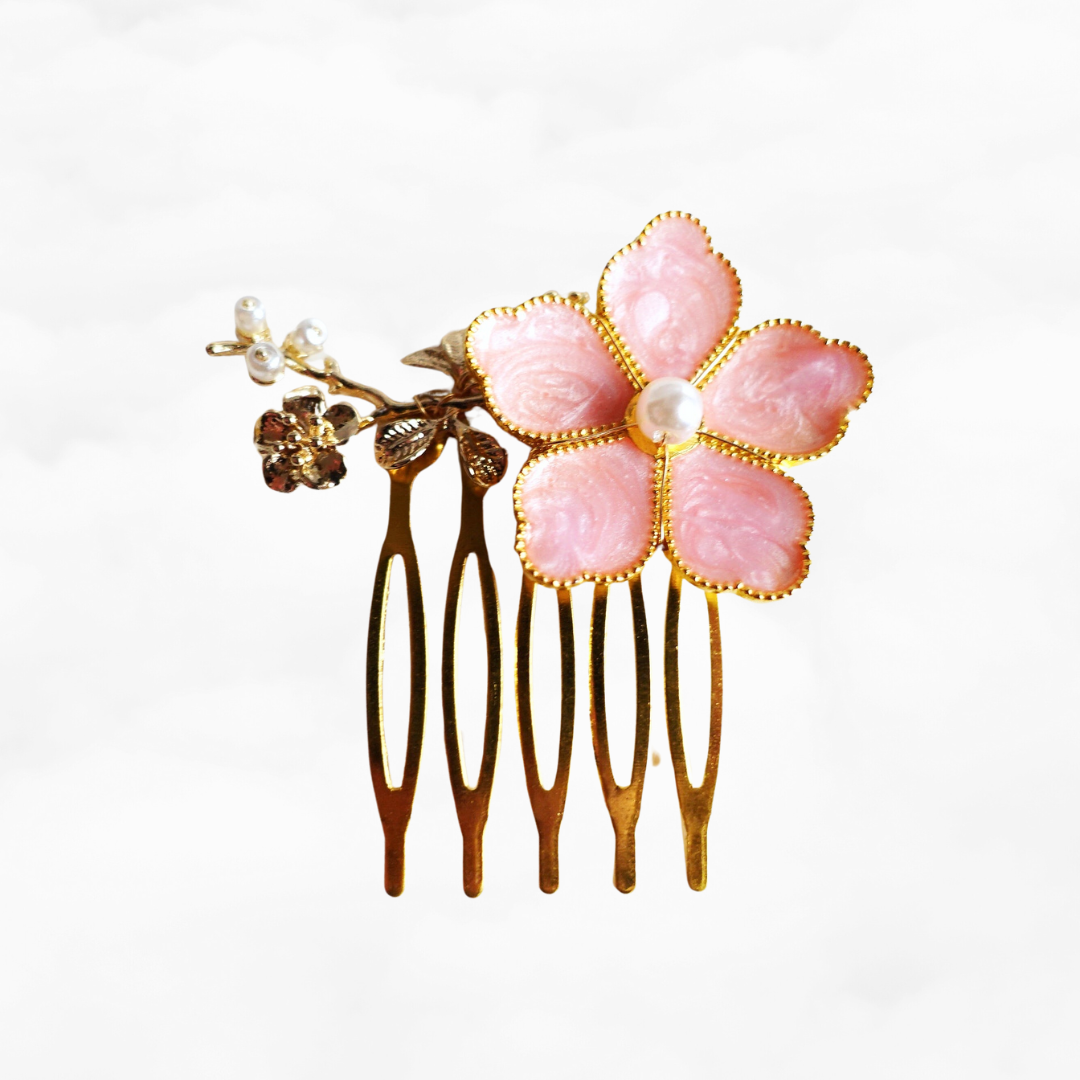 Coral Pink Enamel Flower and Pearl Hair Comb - Yun Boutique