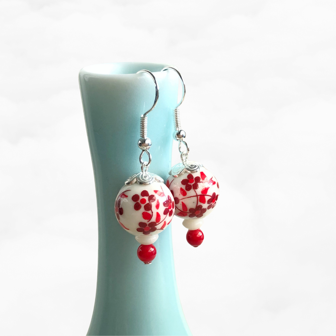 Red Plum Blossom Porcelain Earrings - Yun Boutique