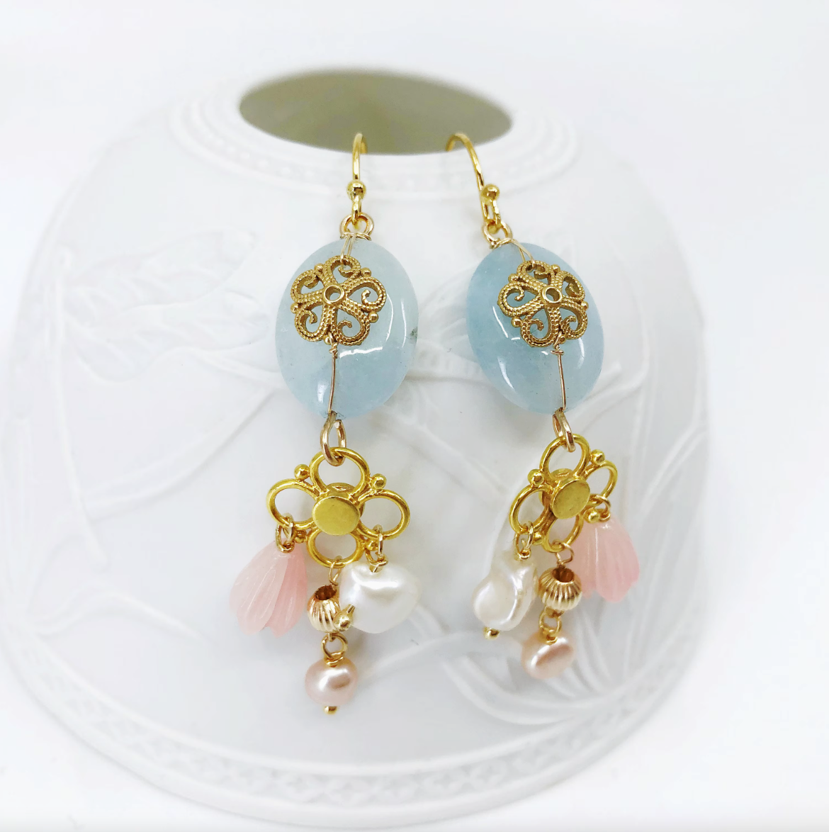 Gold Filigree Flower Aquamarine Earrings - Yun Boutique