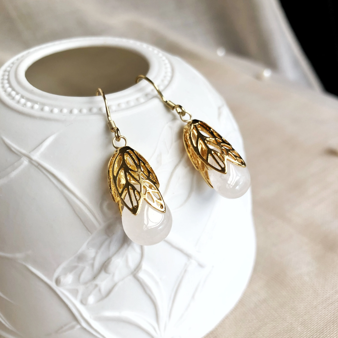 Gold Leaf White Quartz Earrings - Yun Boutique