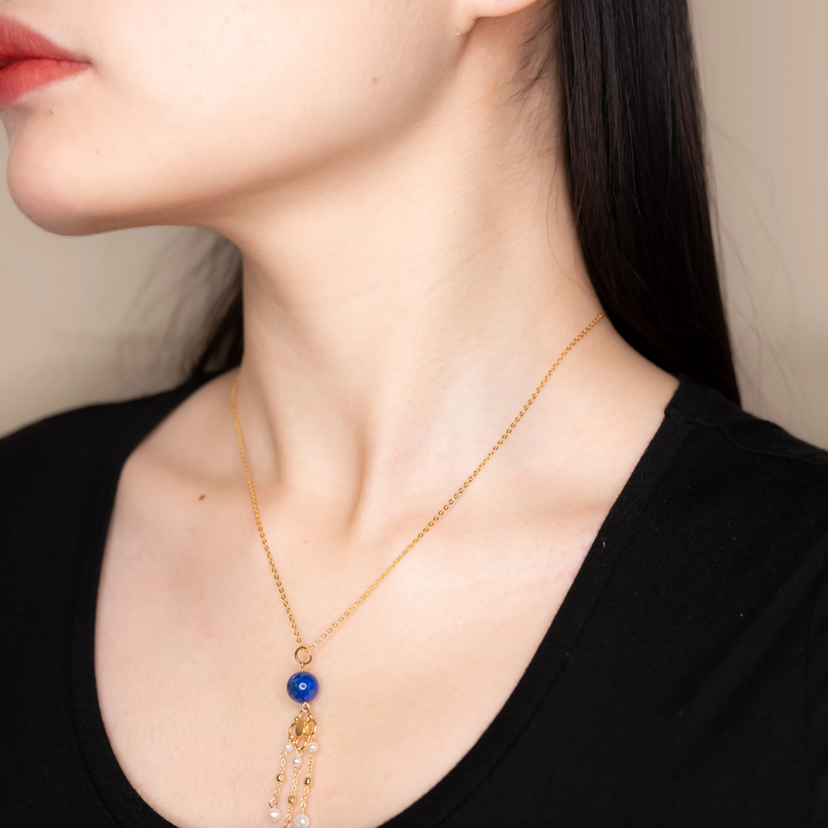 Pearl and Lapis Tassel Necklace