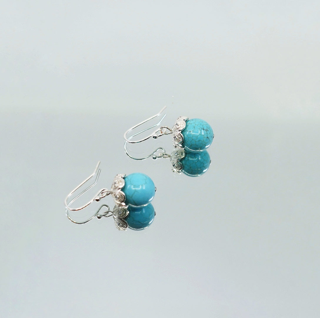 Turquoise Howlite Filigree Earrings Silver