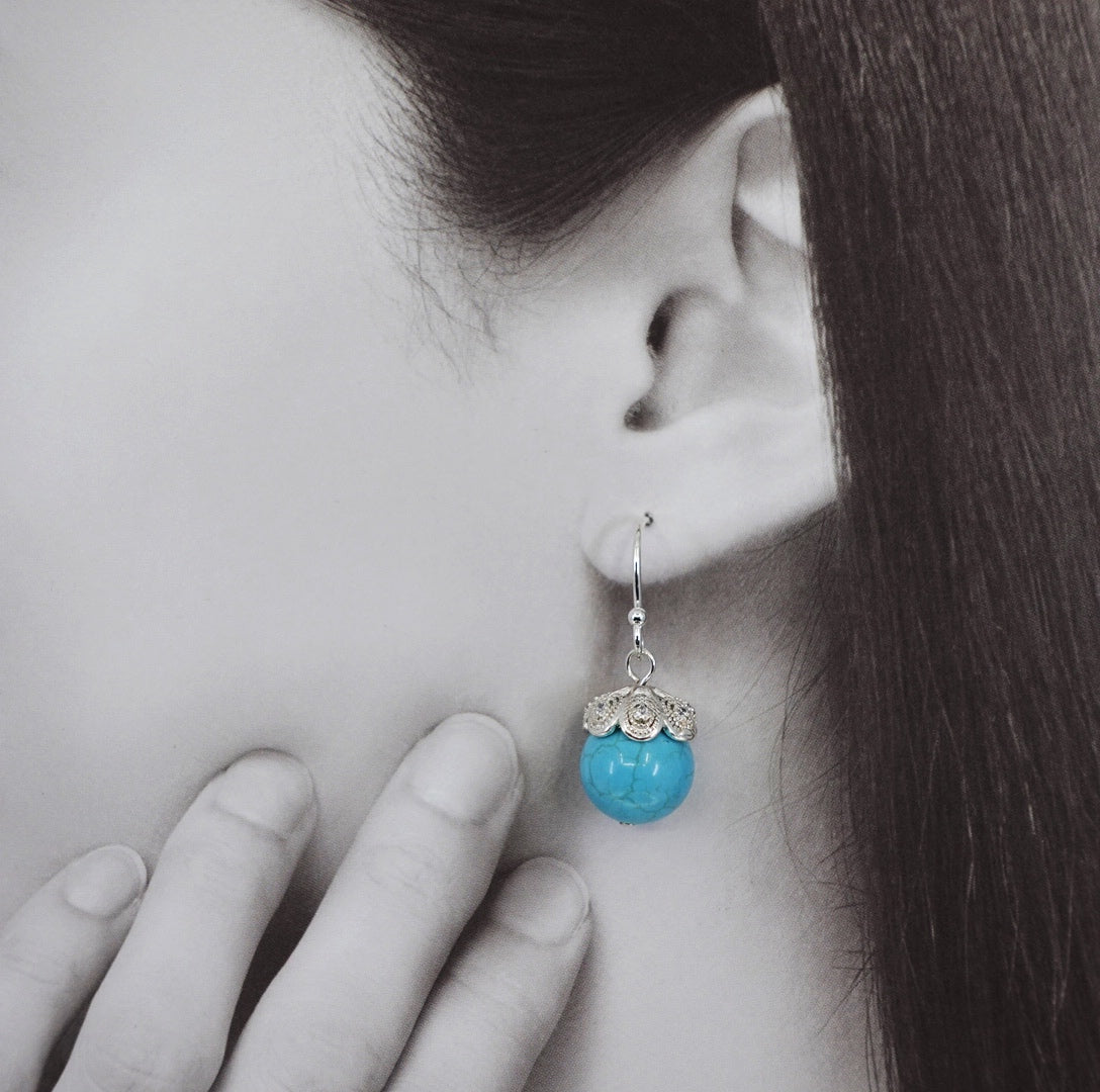 Turquoise Howlite Filigree Earrings Silver