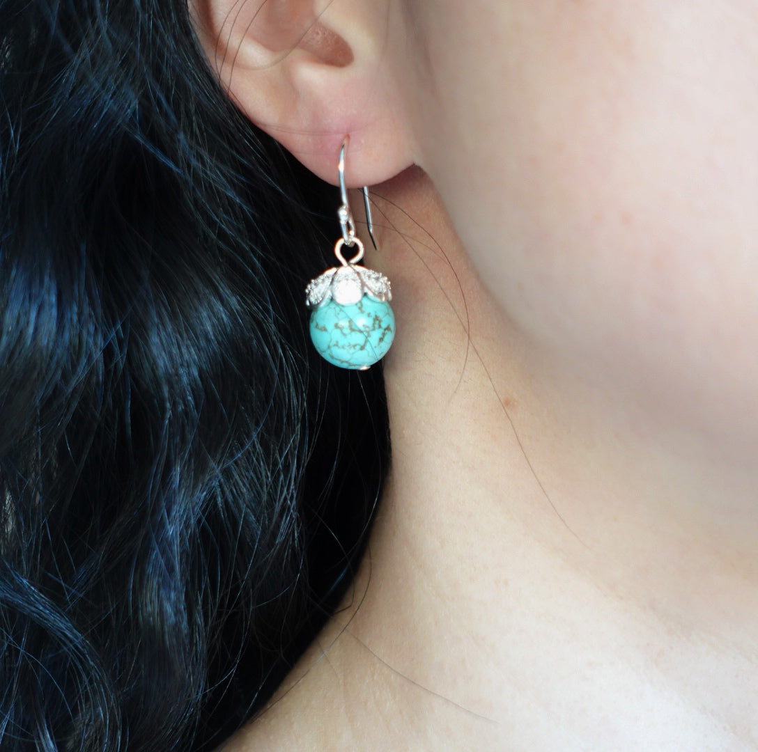 Turquoise Howlite Filigree Earrings Silver - Yun Boutique