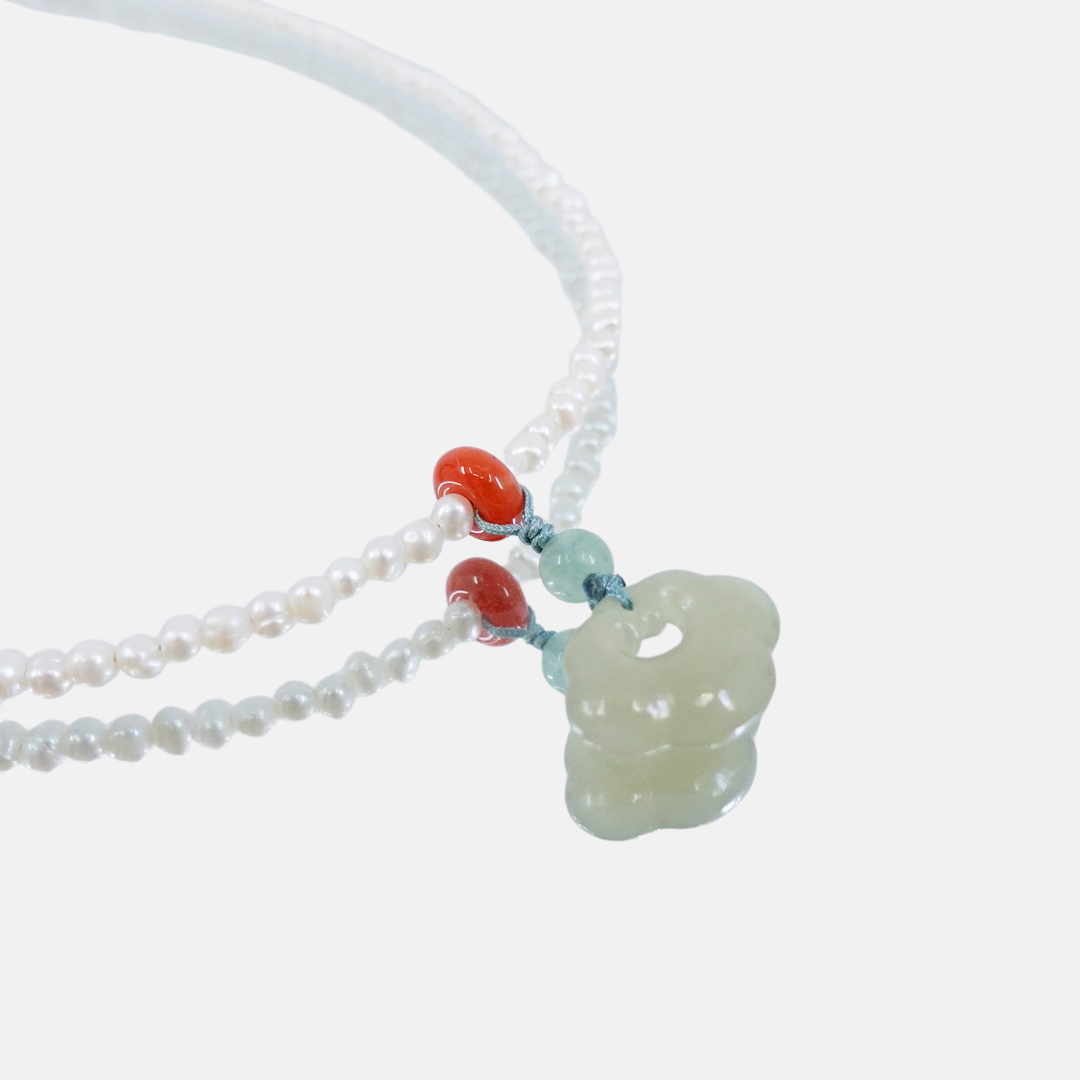 Seed Pearl and Nephrite Jade Baby Longevity Lock Necklace