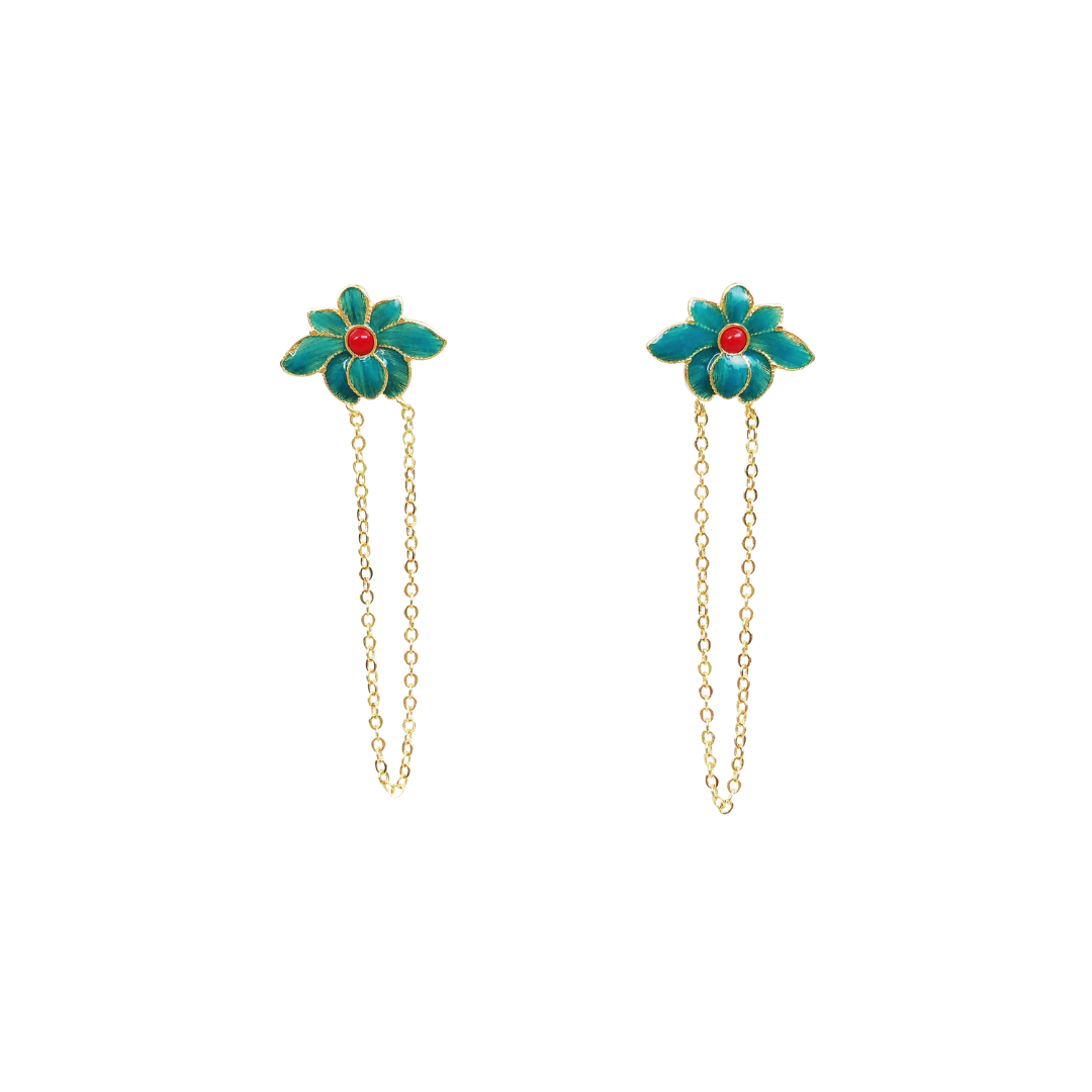 Enamel Lotus Dangle Chain Earrings