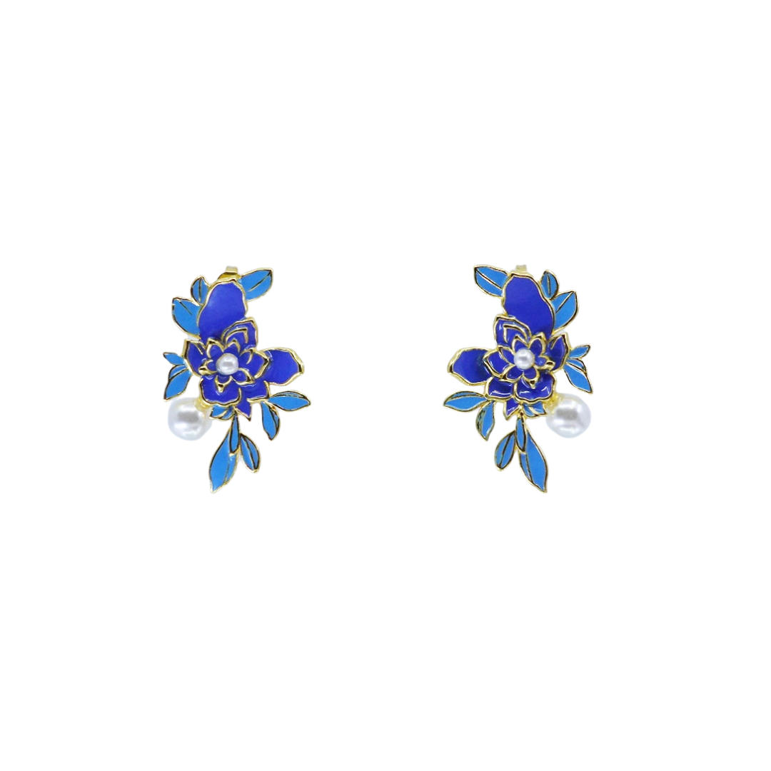 Imitation Kingfisher Flower Studs with Pearls - Yun Boutique