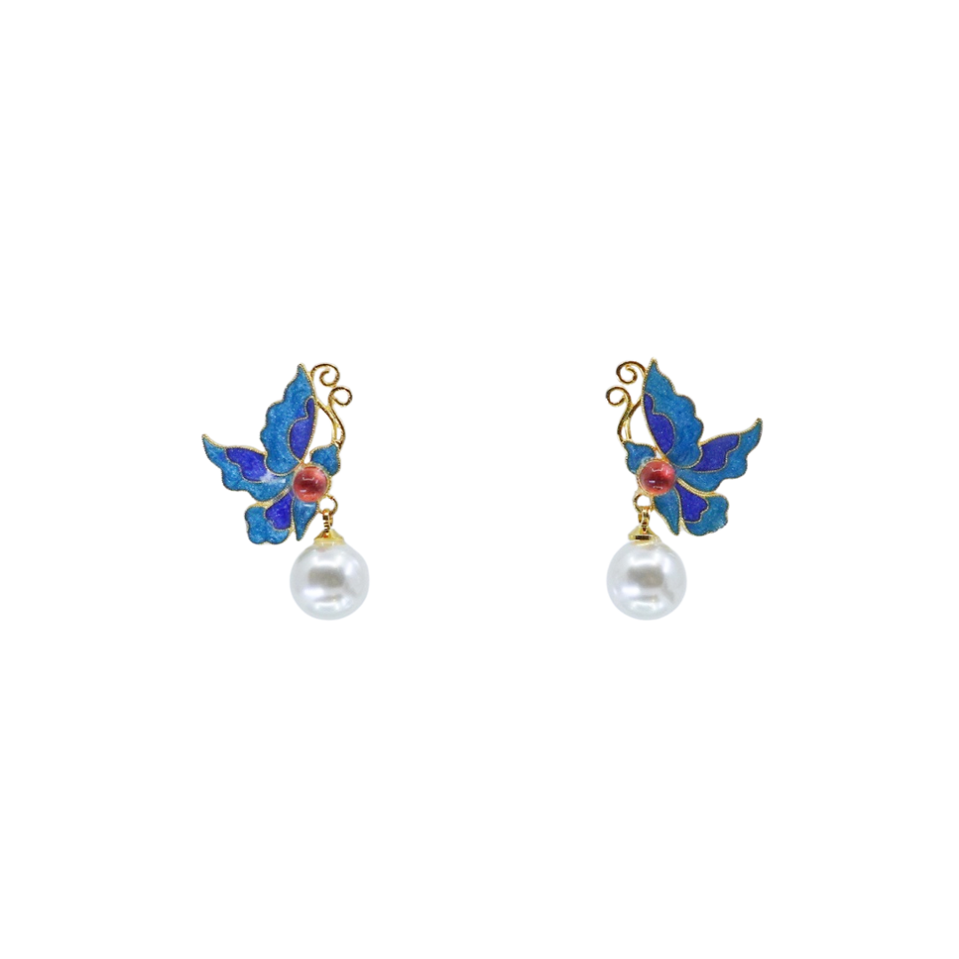 Imitation Kingfisher Butterfly Studs with Pearls - Yun Boutique