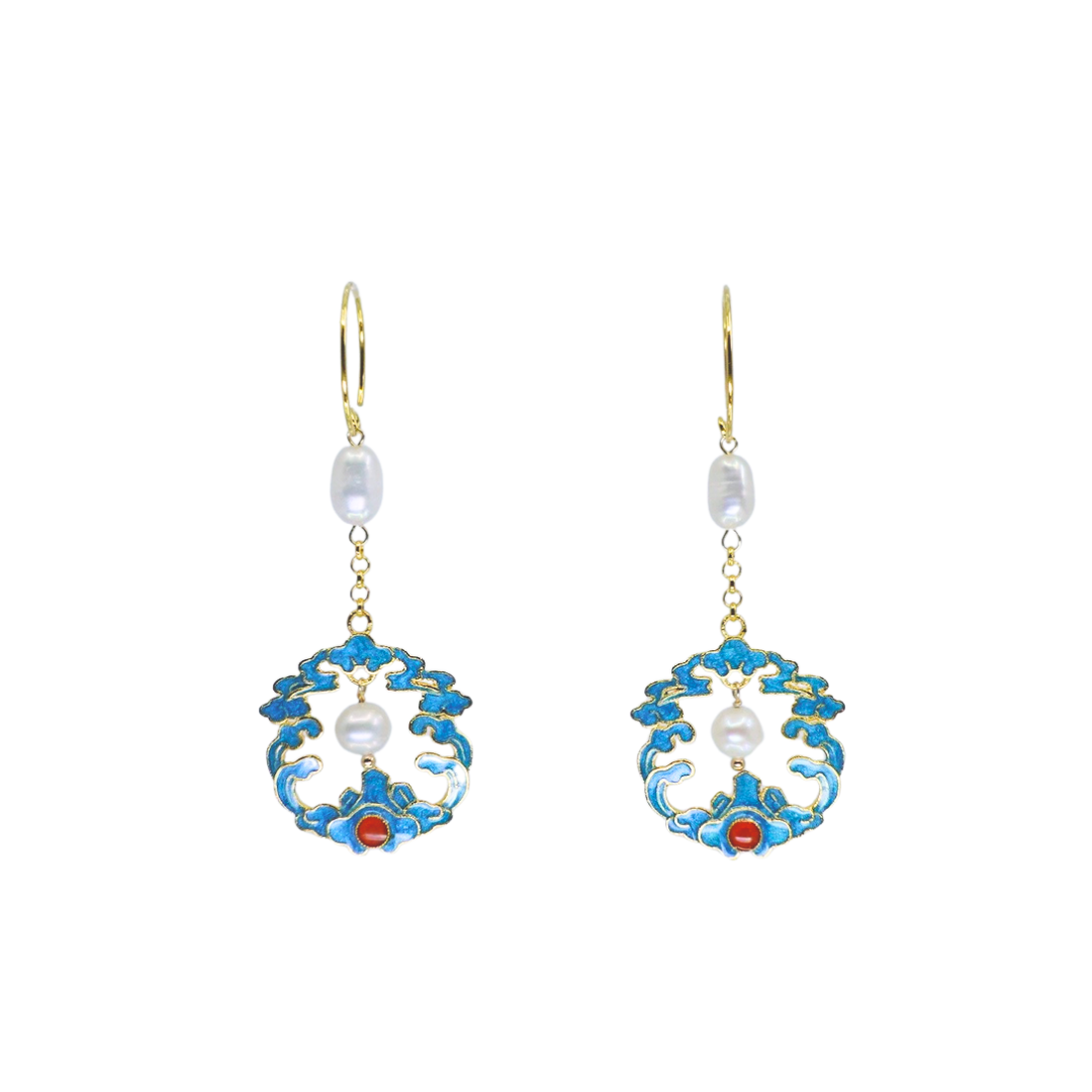 Imitation Kingfisher Auspicious Clouds Dangle Pearl Earrings - Yun Boutique