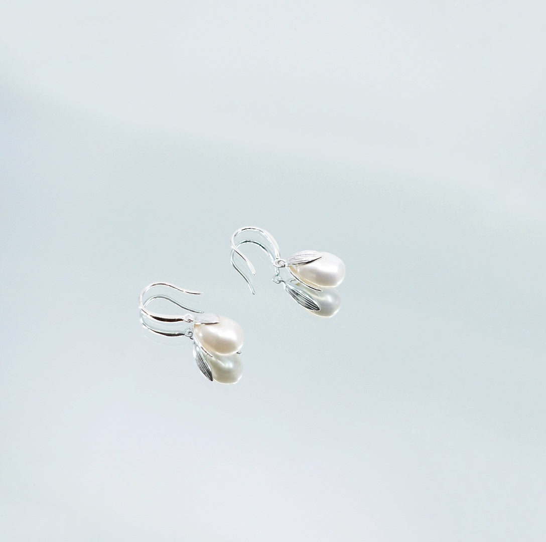 White Flower Petal Earrings in Sterling Silver 