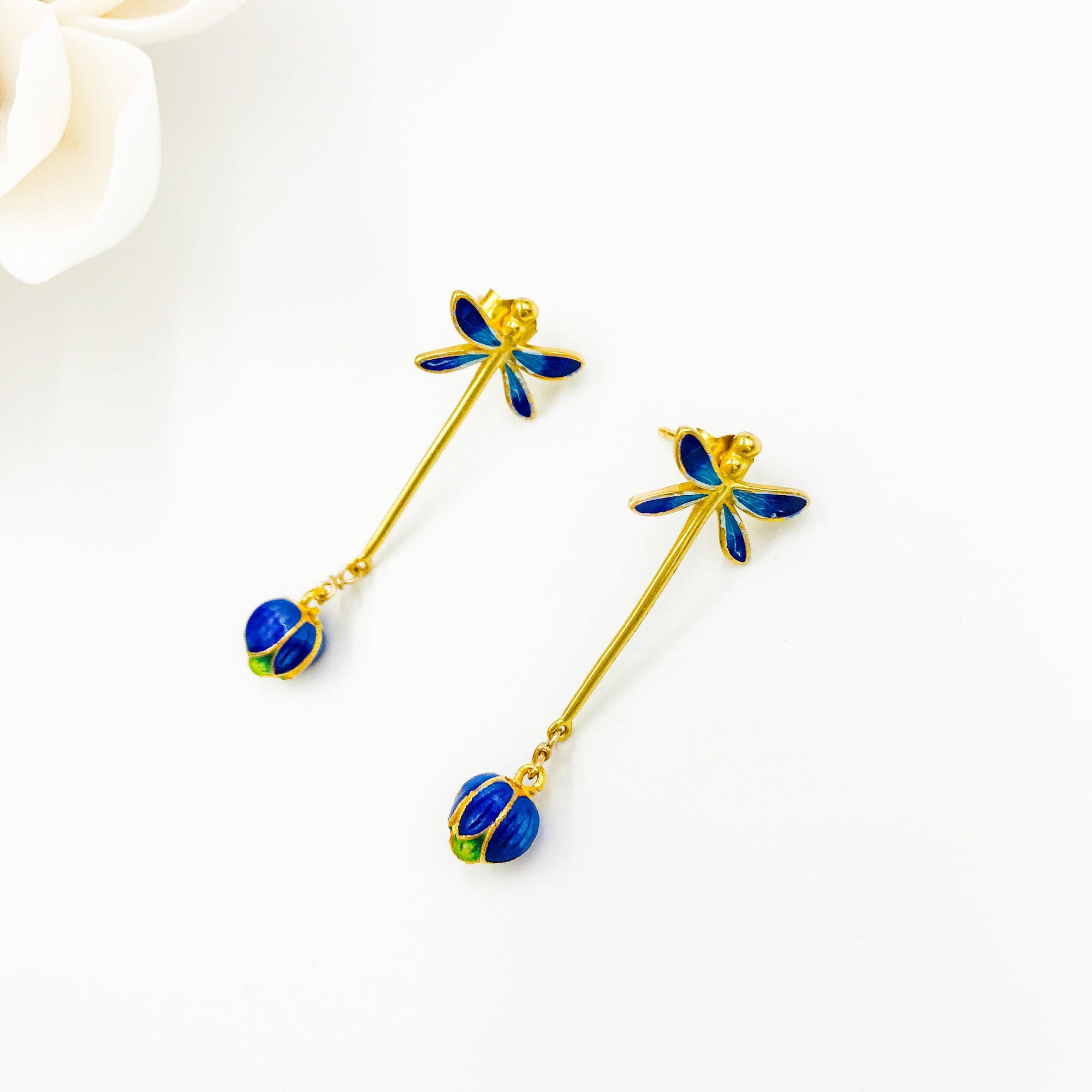 Blue Enamel Dragonfly Earrings