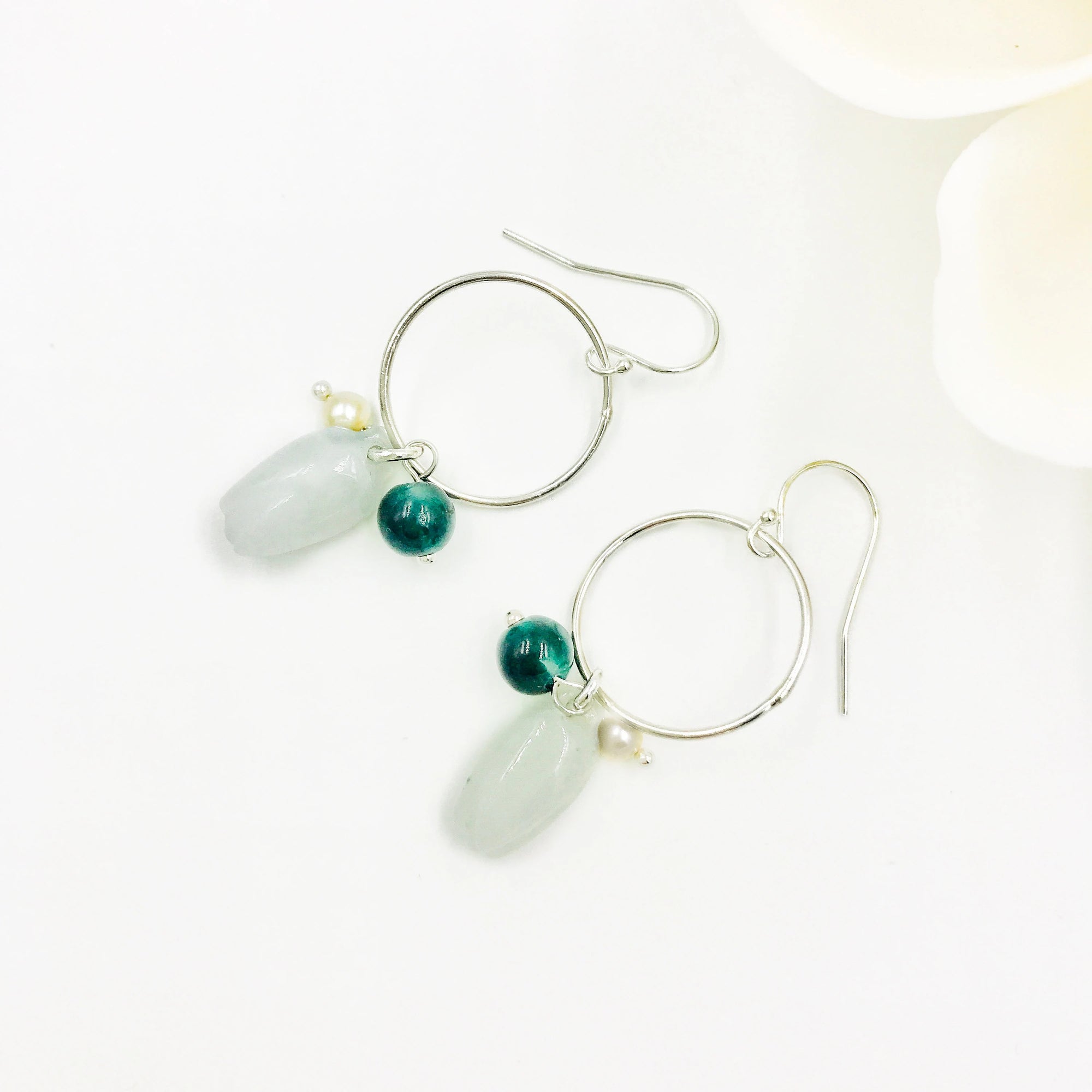 Silver Jade Flower Hoop Earrings - Yun Boutique