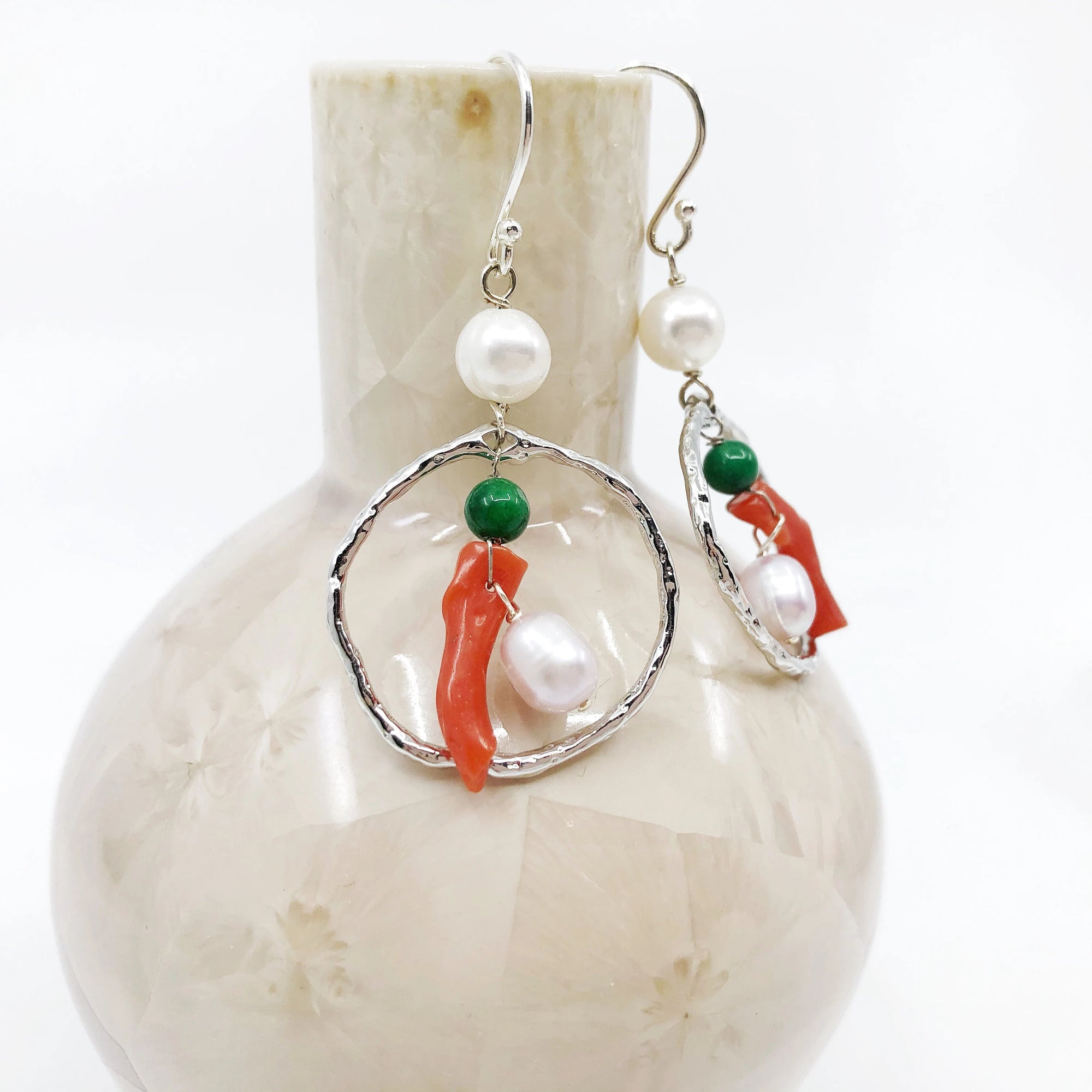 Silver Red Coral Chandelier Earrings - Yun Boutique