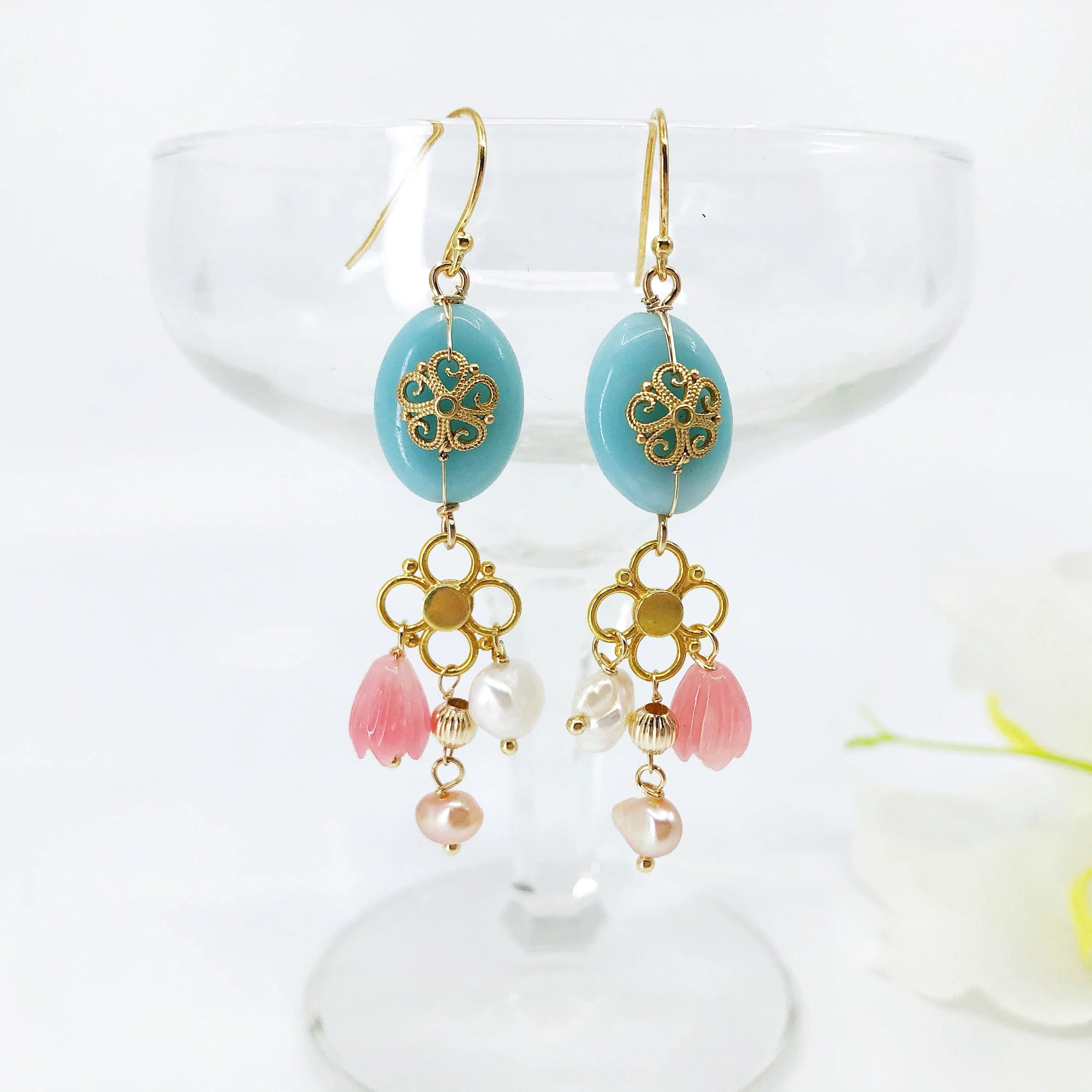 Gold Filigree Flower Amazonite Earrings - Yun Boutique