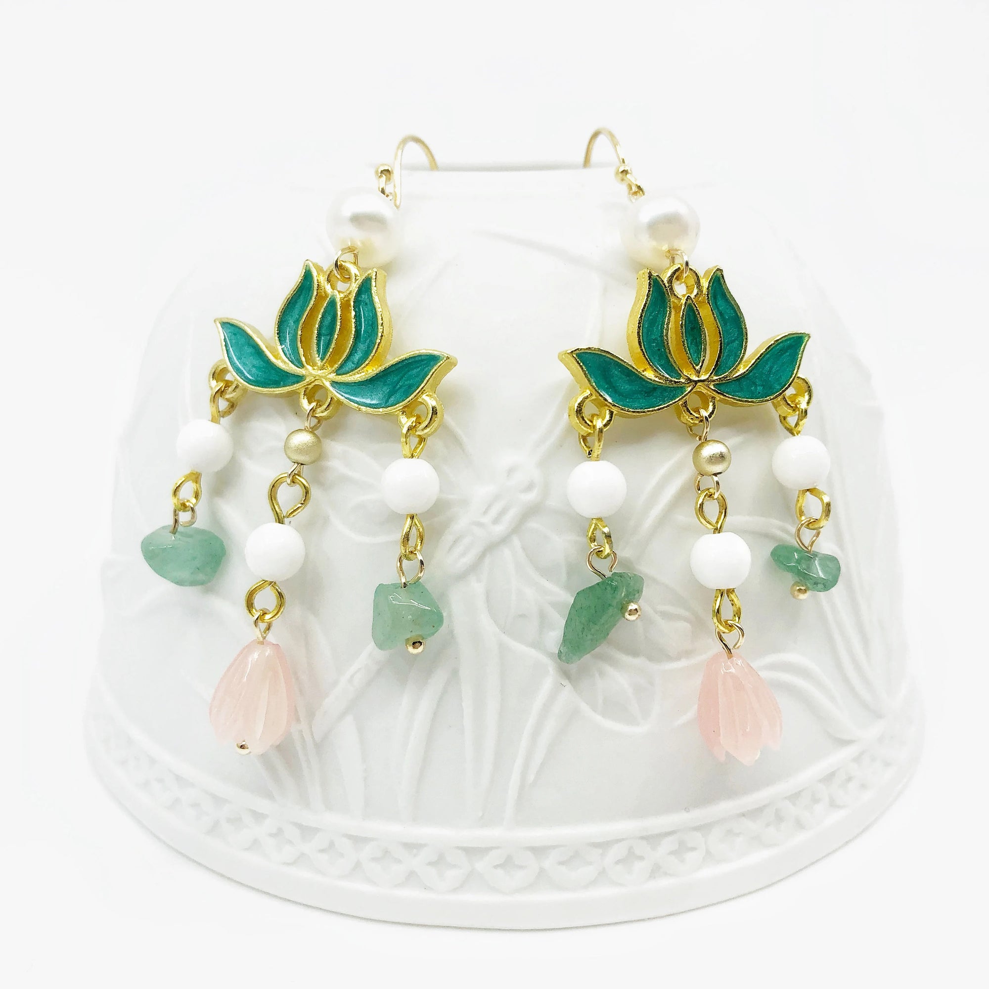 Pink Enamel Lotus Tassel Earrings - Yun Boutique