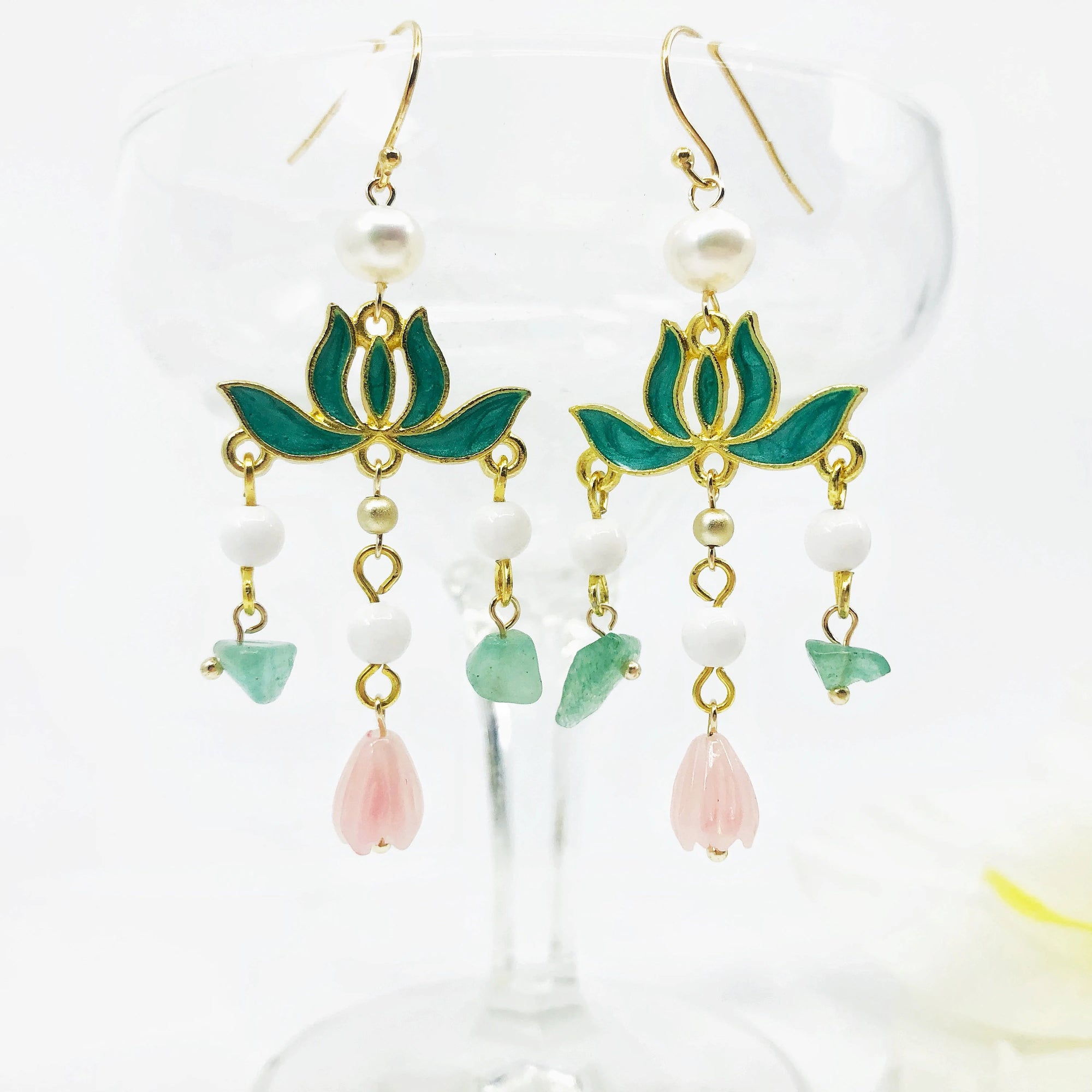 Pink Enamel Lotus Tassel Earrings