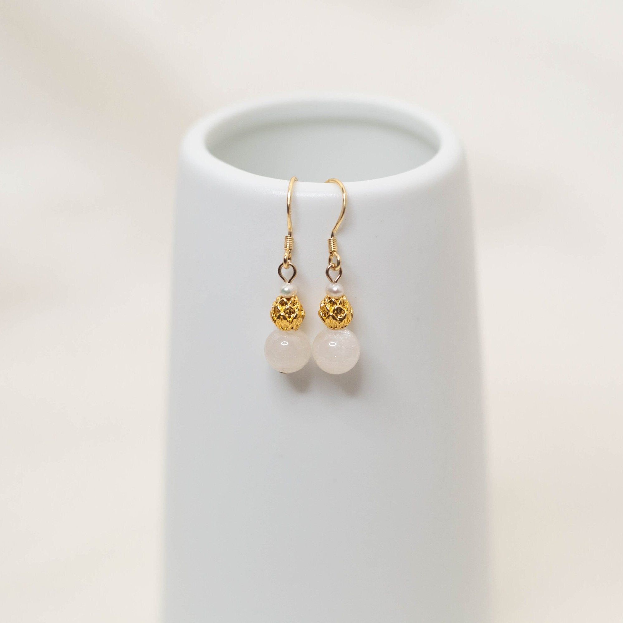 Gold Lotus Moonstone Earrings - Yun Boutique