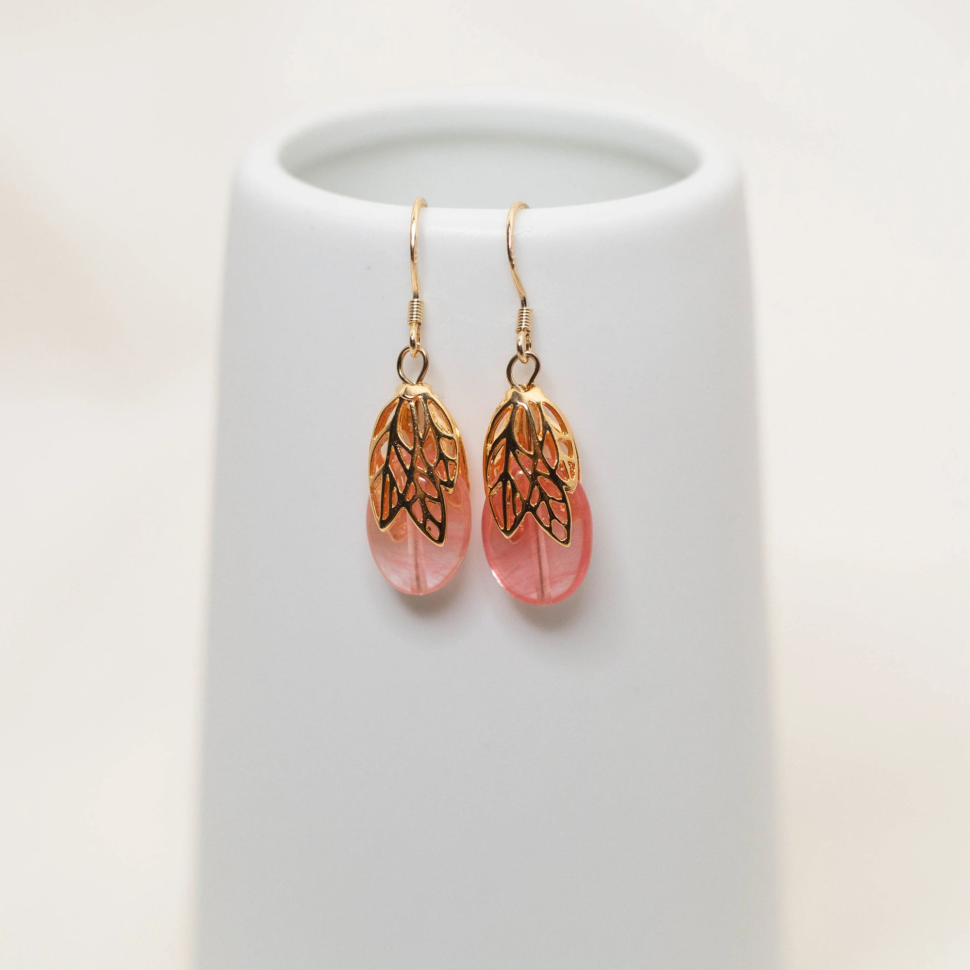 Gold Leaf Strawberry Quartz Earrings - Yun Boutique