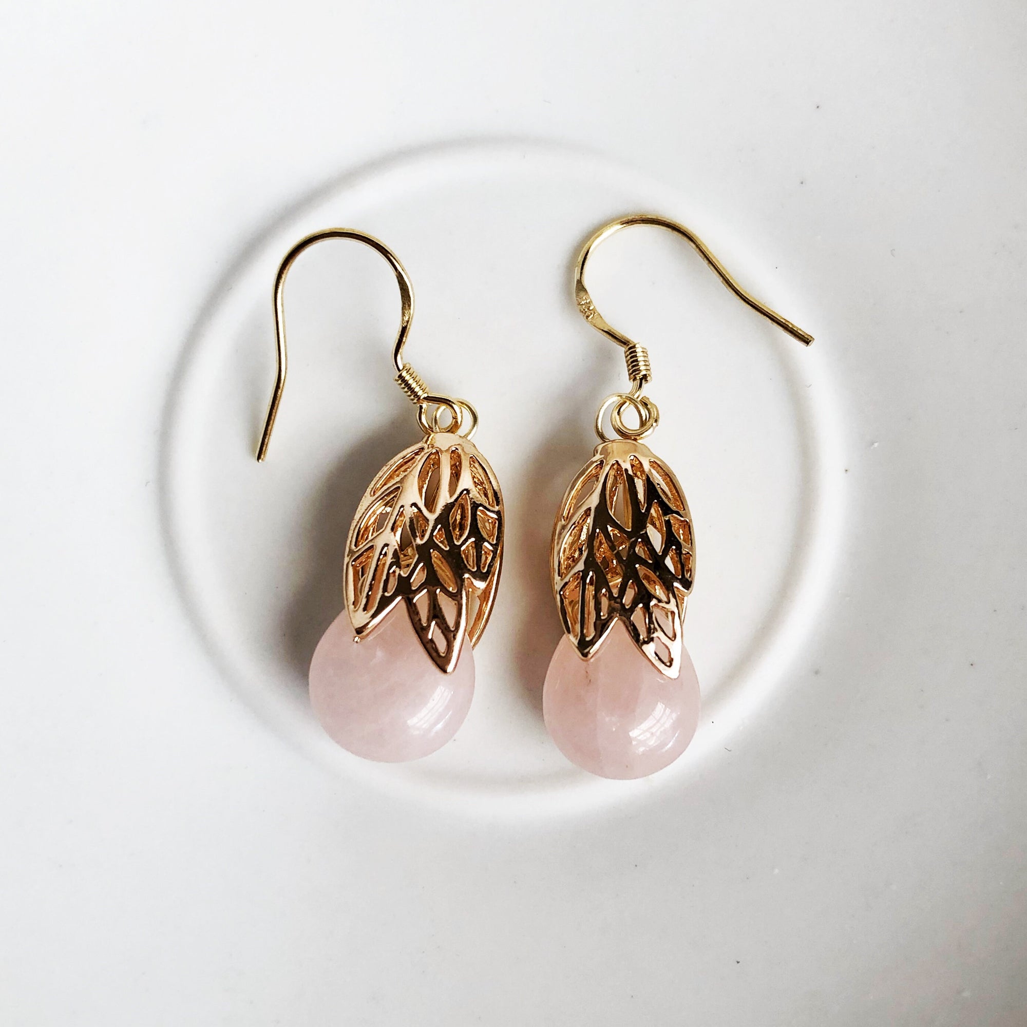 Gold Leaf Rose Quartz Earrings - Yun Boutique