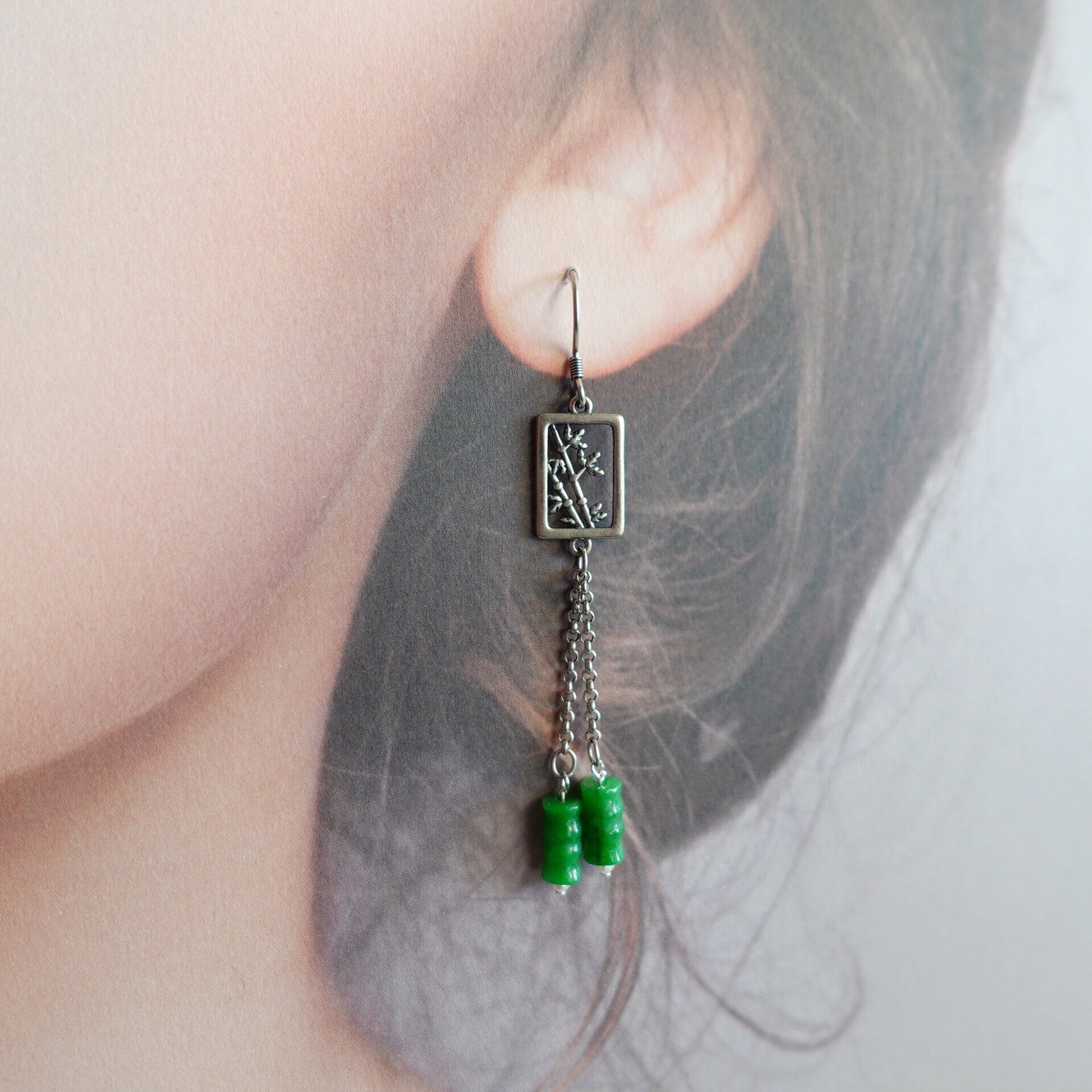 Bamboo Theme Green Jade Earrings