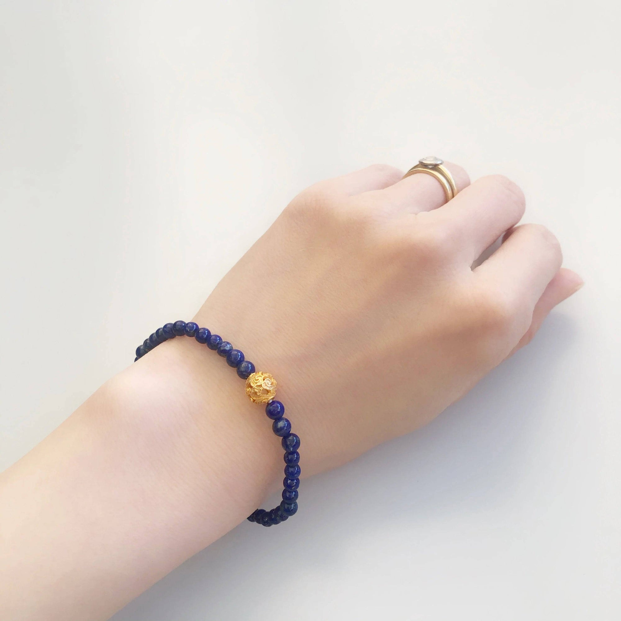 Auspicious Beaded Lapis Bracelet 4mm Gold - Yun Boutique