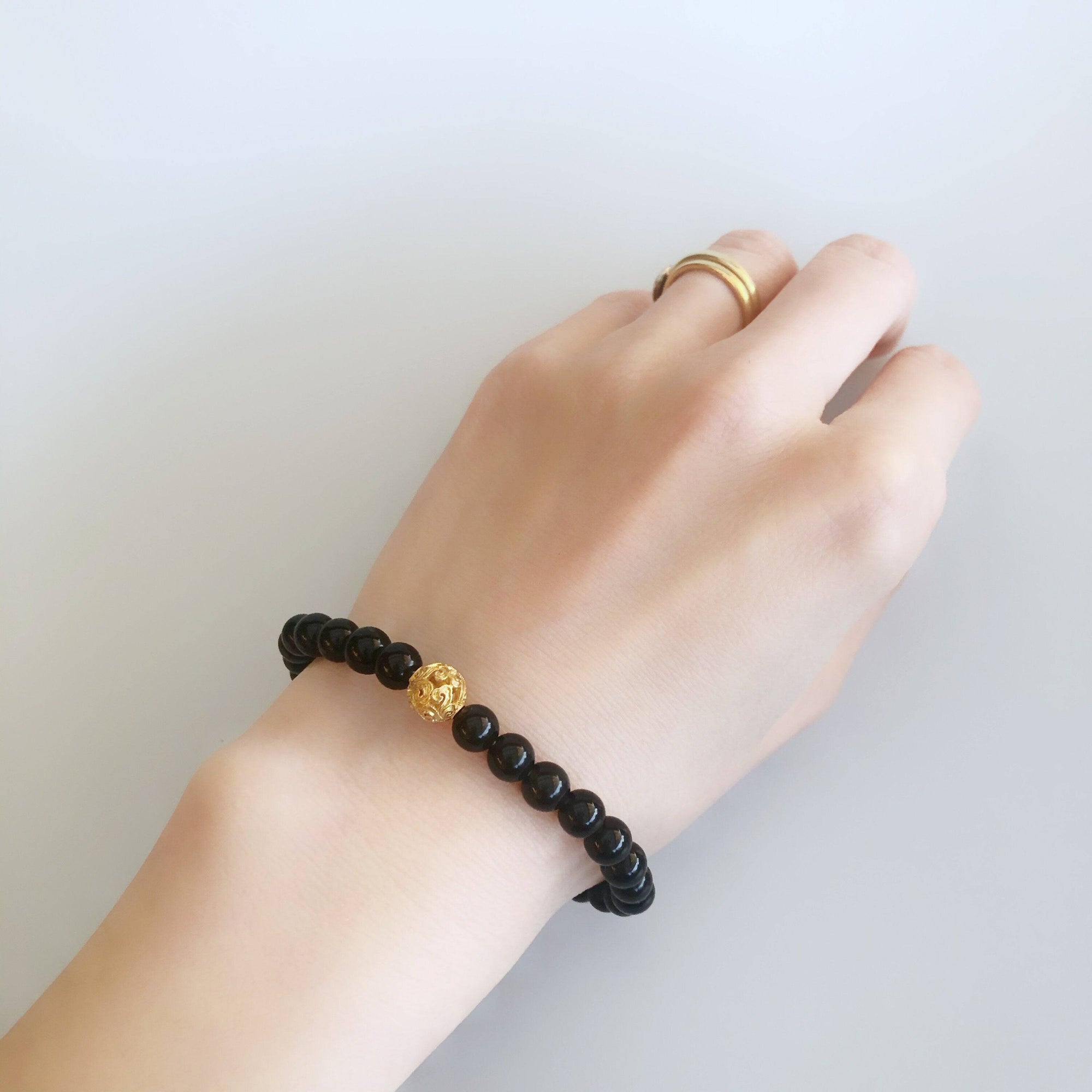 Auspicious Beaded Obsidian Bracelet 6mm Gold - Yun Boutique