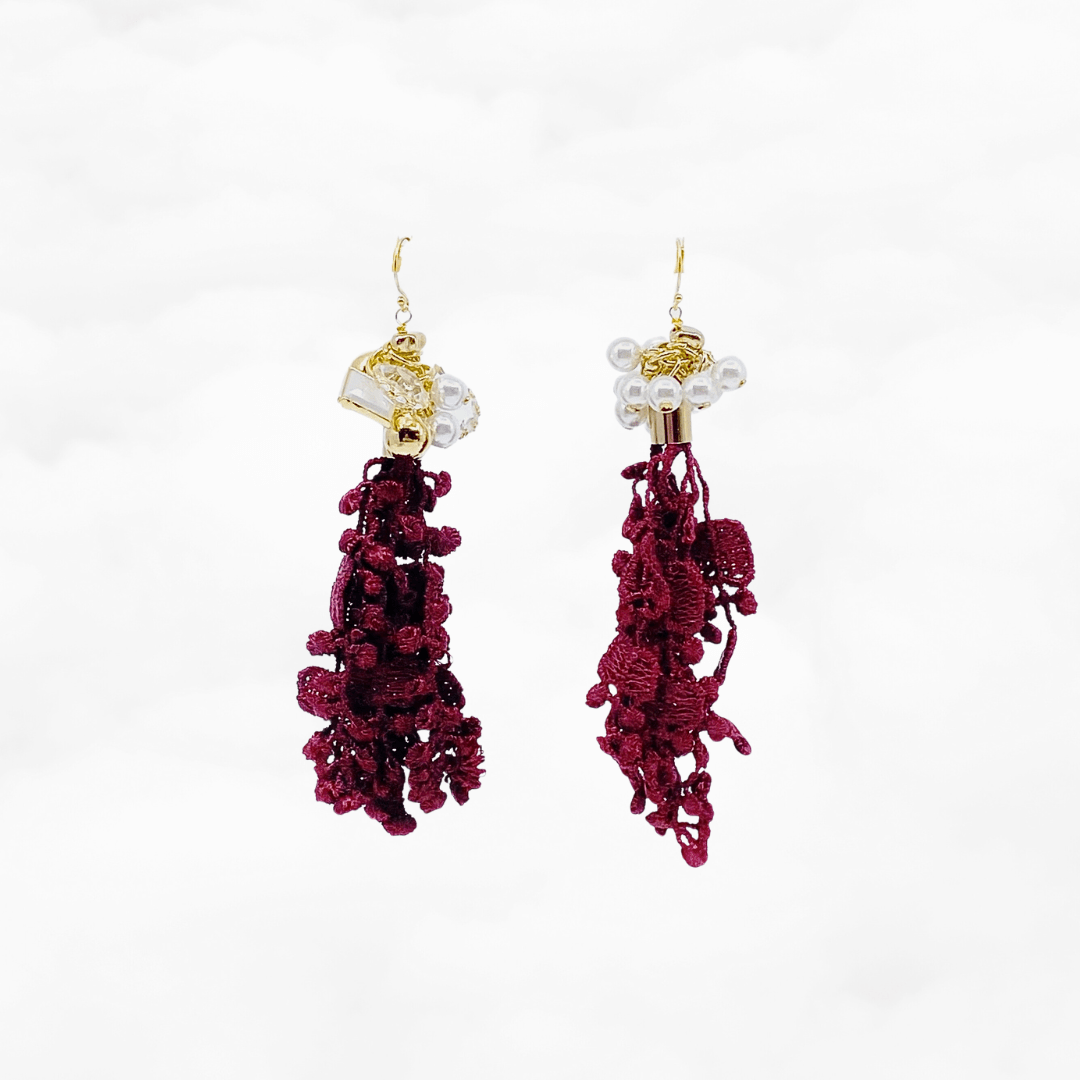 Asymmetrical Crimson Lace Earrings - Yun Boutique