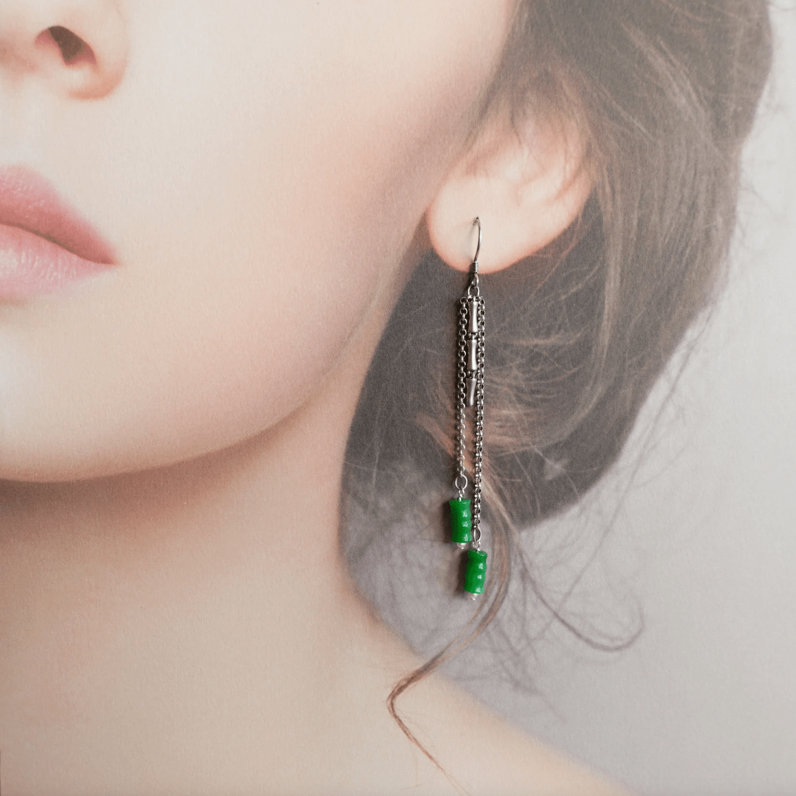 Bamboo Asymmetrical Jadeite Earrings in Sterling Silver