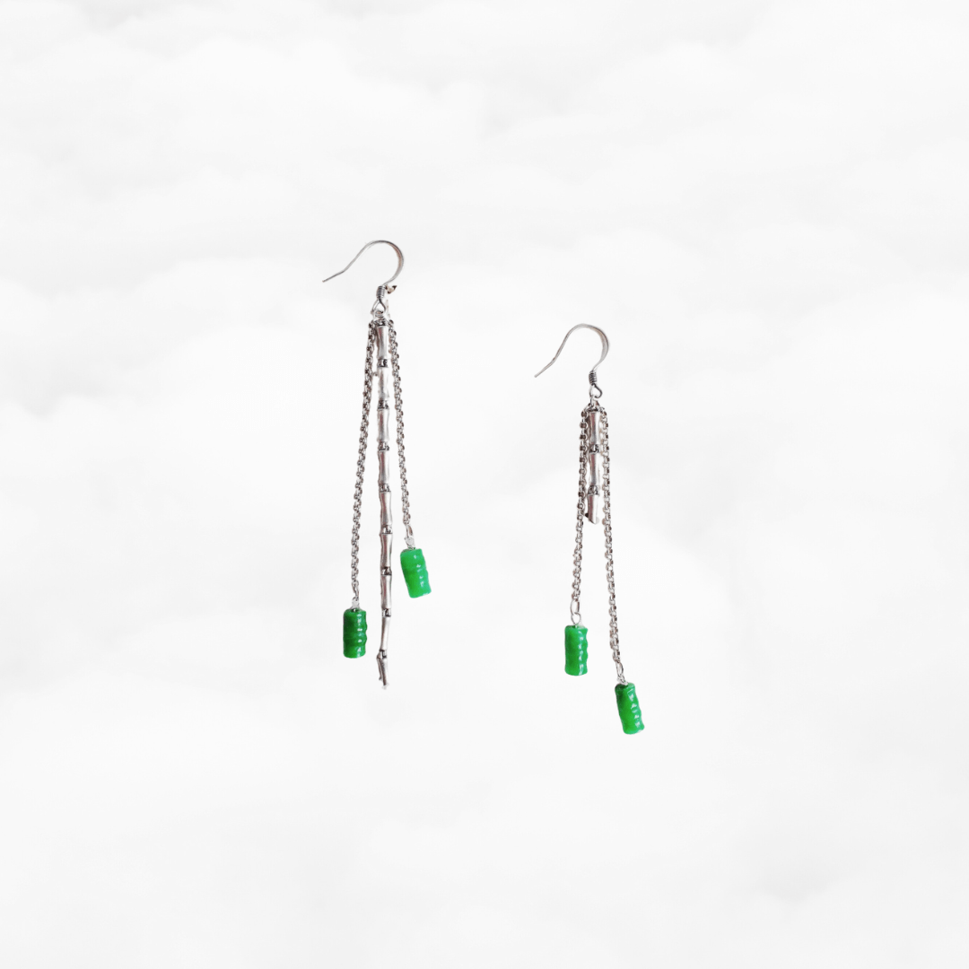 Bamboo Asymmetrical Jadeite Earrings in Sterling Silver