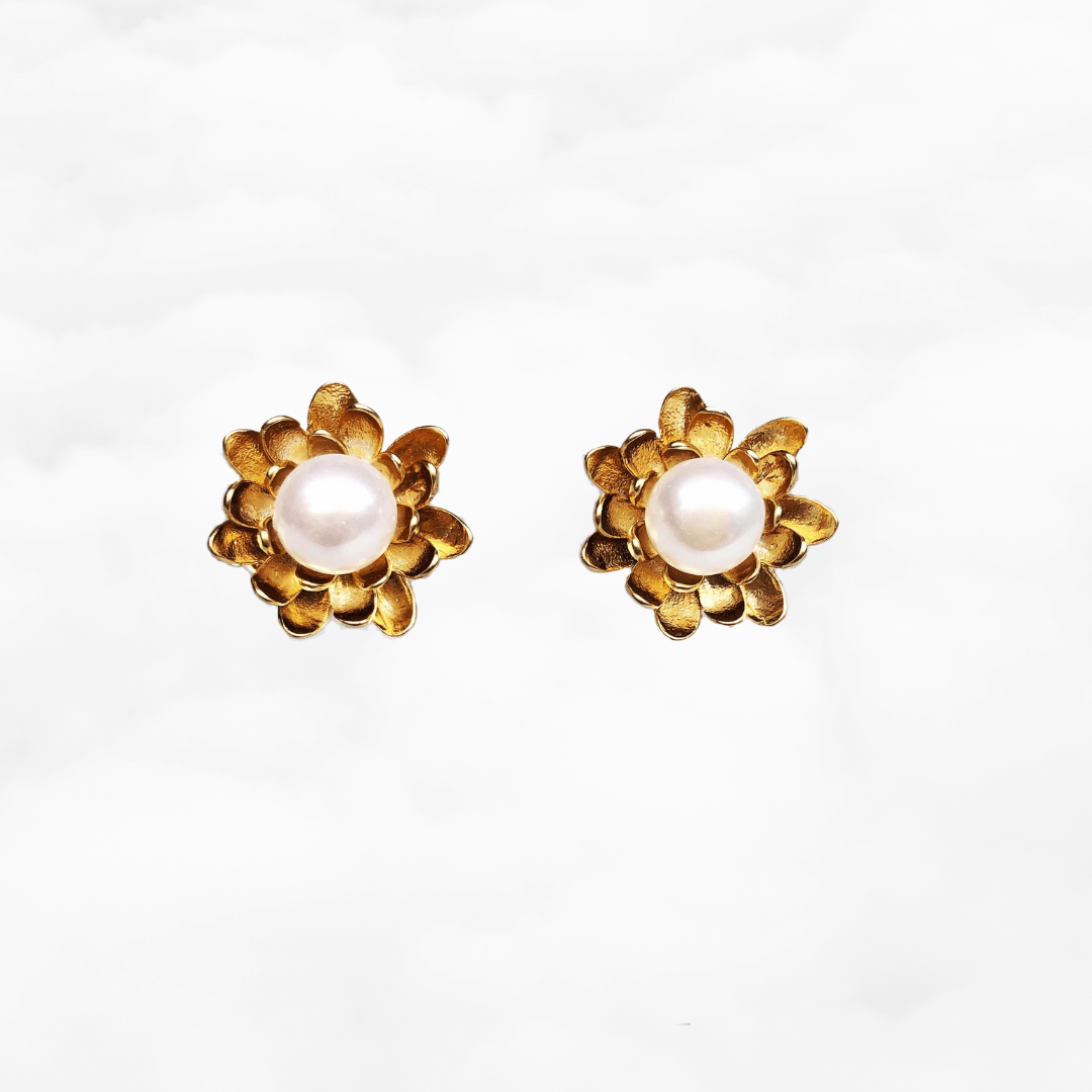 Gold Lotus Pearl Stud Earrings