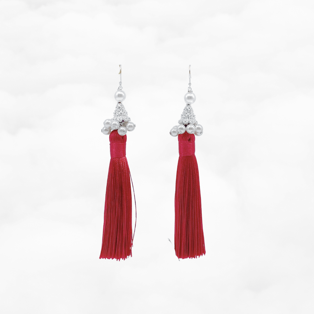 Silk Red Tassel Earrings Silver