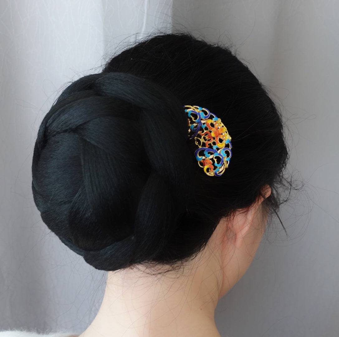 Blue Orange Enamel Peony Hair Comb - Yun Boutique