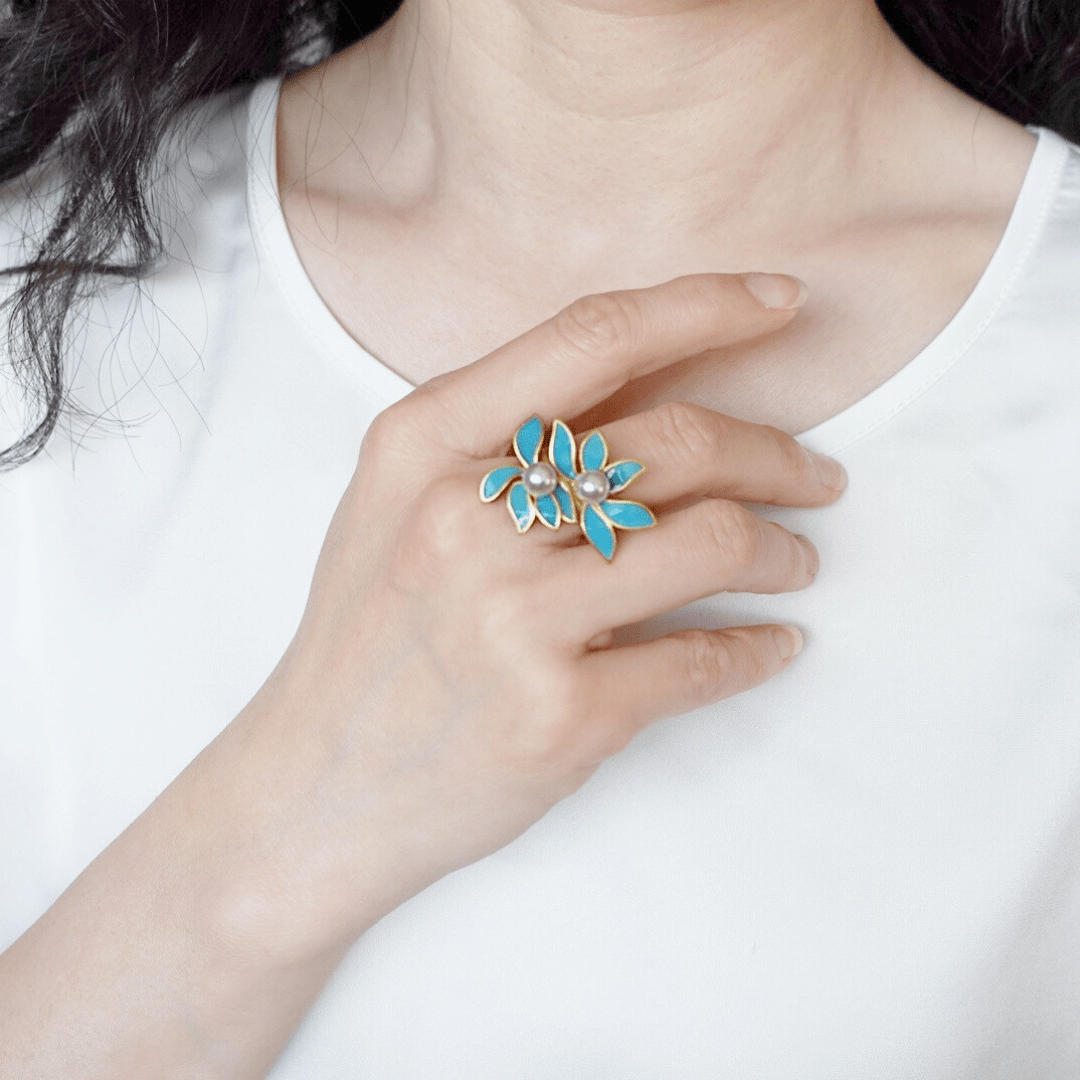 Gold Enamel Orchid Ring - Yun Boutique