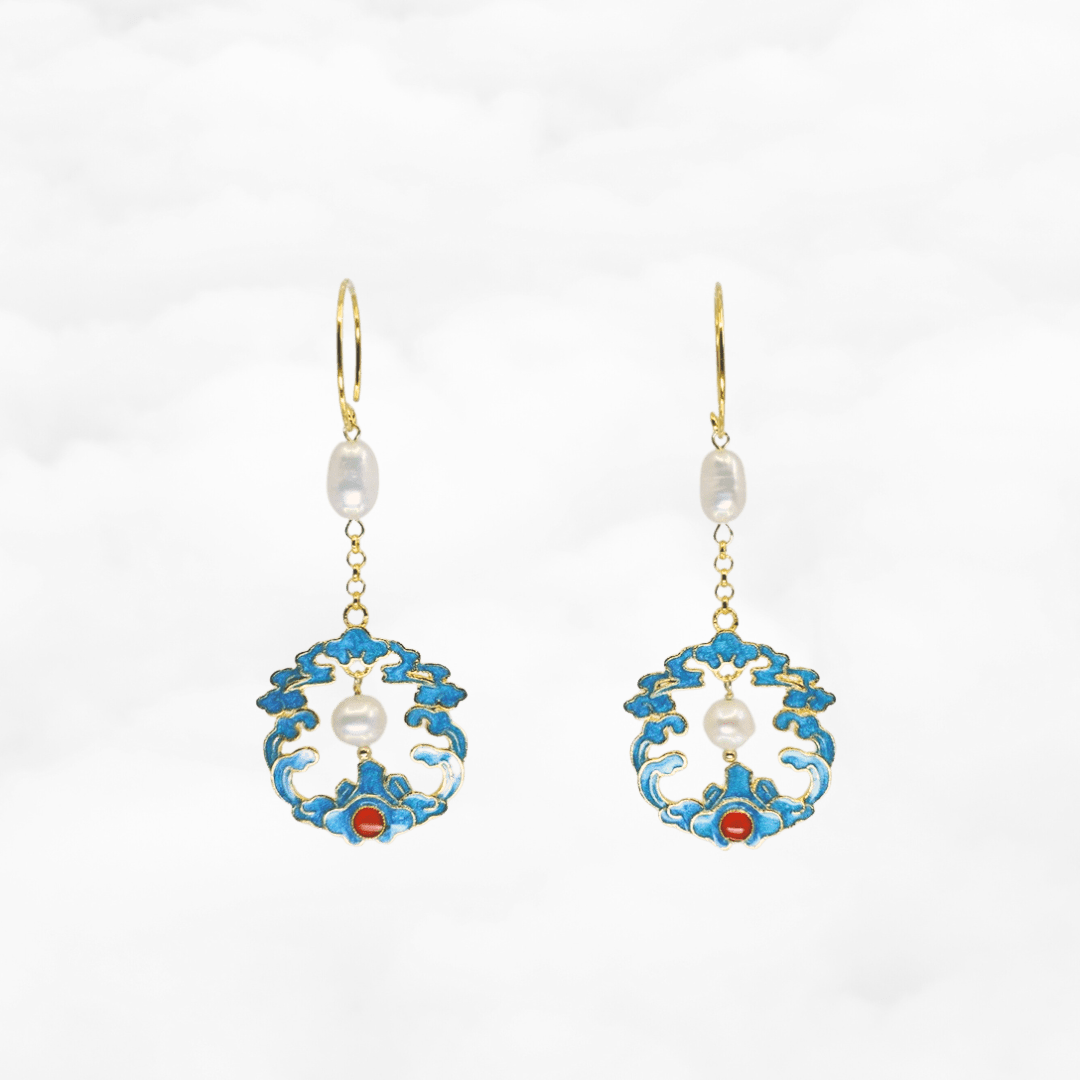 Auspicious Imitation Kingfisher Enamel Pearl Earrings - Yun Boutique