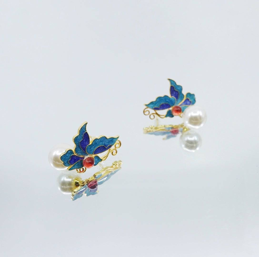 Imitation Kingfisher Enamel Butterfly Stud Earrings