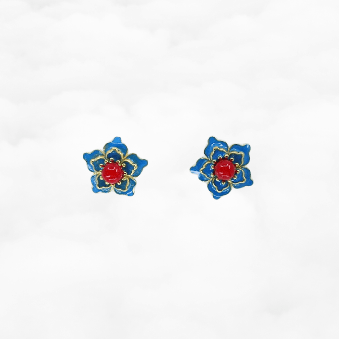 Imitation Kingfisher Enamel Floral Stud Earrings - Yun Boutique