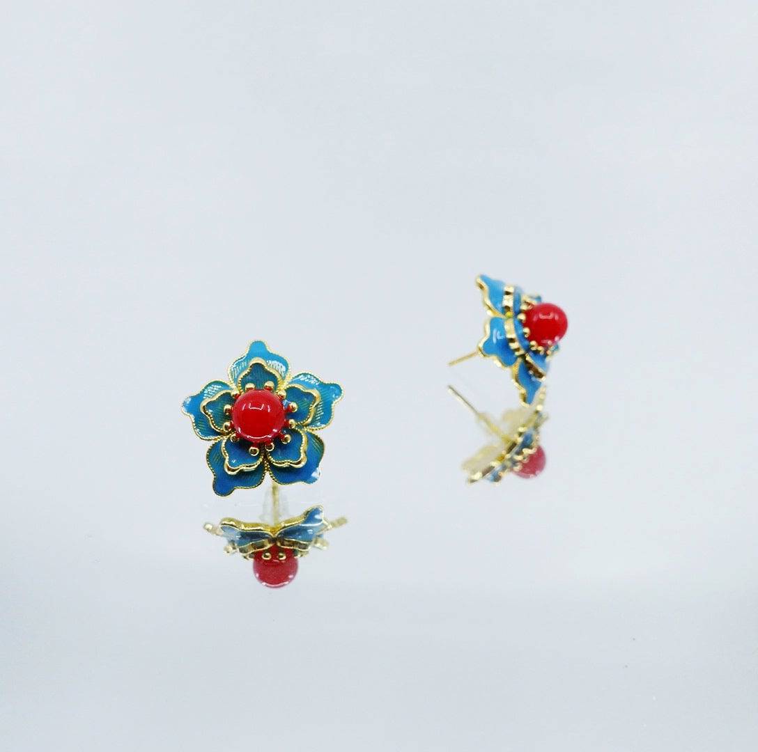 Imitation Kingfisher Enamel Floral Stud Earrings - Yun Boutique