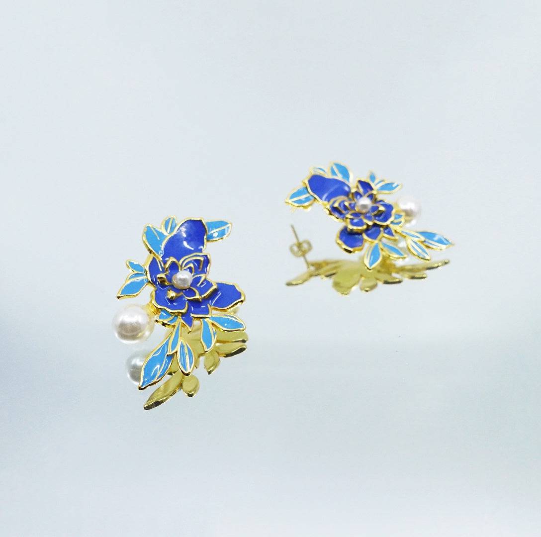 Imitation Kingfisher Enamel Floral Stud Earrings