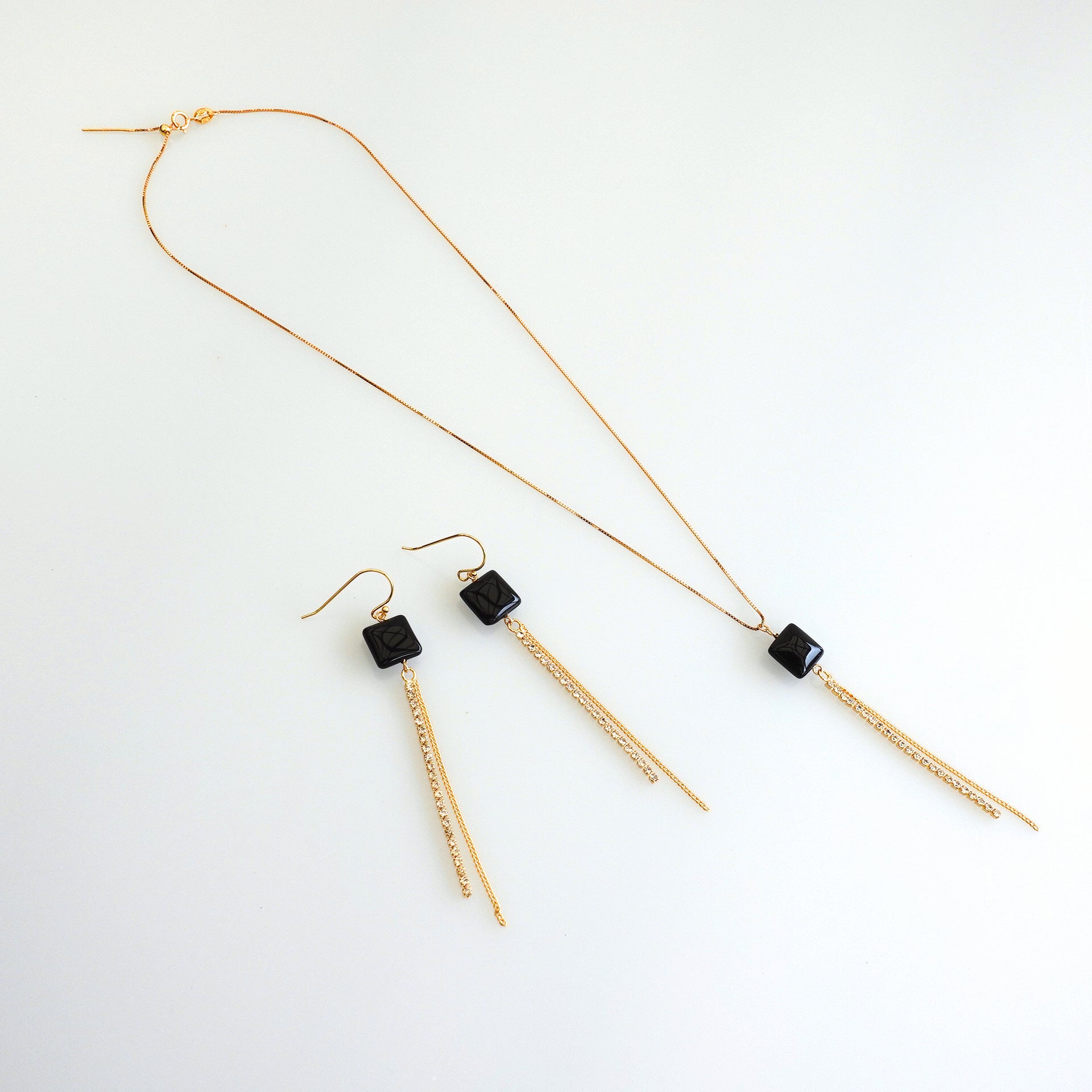 Yun Boutique Obsidian Tassel Necklace and Earrings Set with Gold Sterling Silver Chain